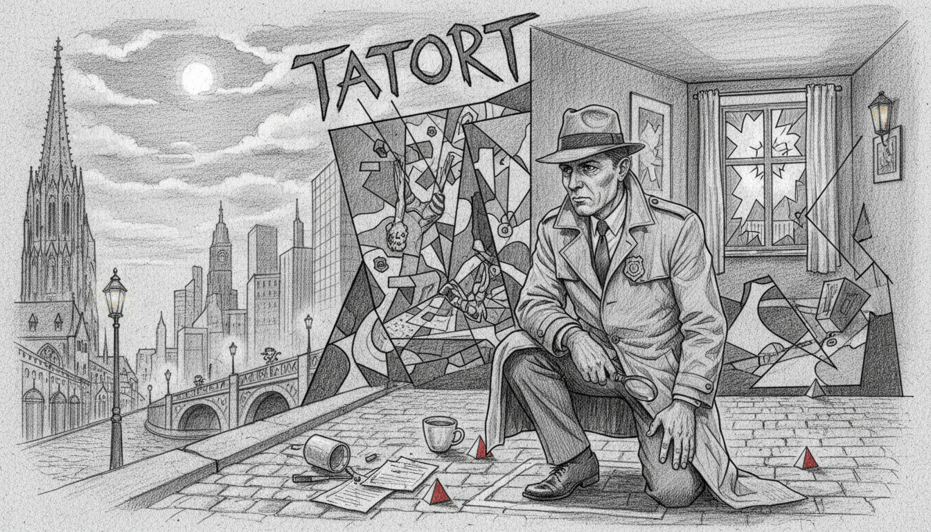 A detailed, monochromatic sketch that highlights the contrasting themes and styles of crime drama, focusing on two distinct crime scenes symbolizing SOKO and Tatort. In the foreground, a realistic detective in professional attire examines clues on a city street, embodying the realistic style of SOKO. In the middle ground, an artistic representation of an abstract, cinematic crime scene reflecting the authors' perspective of Tatort, with unusual angles and intriguing perspectives. The background features a cityscape merging traditional architecture with modern elements, illustrating the blend of classic and contemporary settings. Include point color accents in elements like a police badge, evidence markers, and street lights to enhance the visual interest. The overall atmosphere should be suspenseful yet contemplative, set in natural lighting that casts soft shadows, creating an engaging and thought-provoking image.