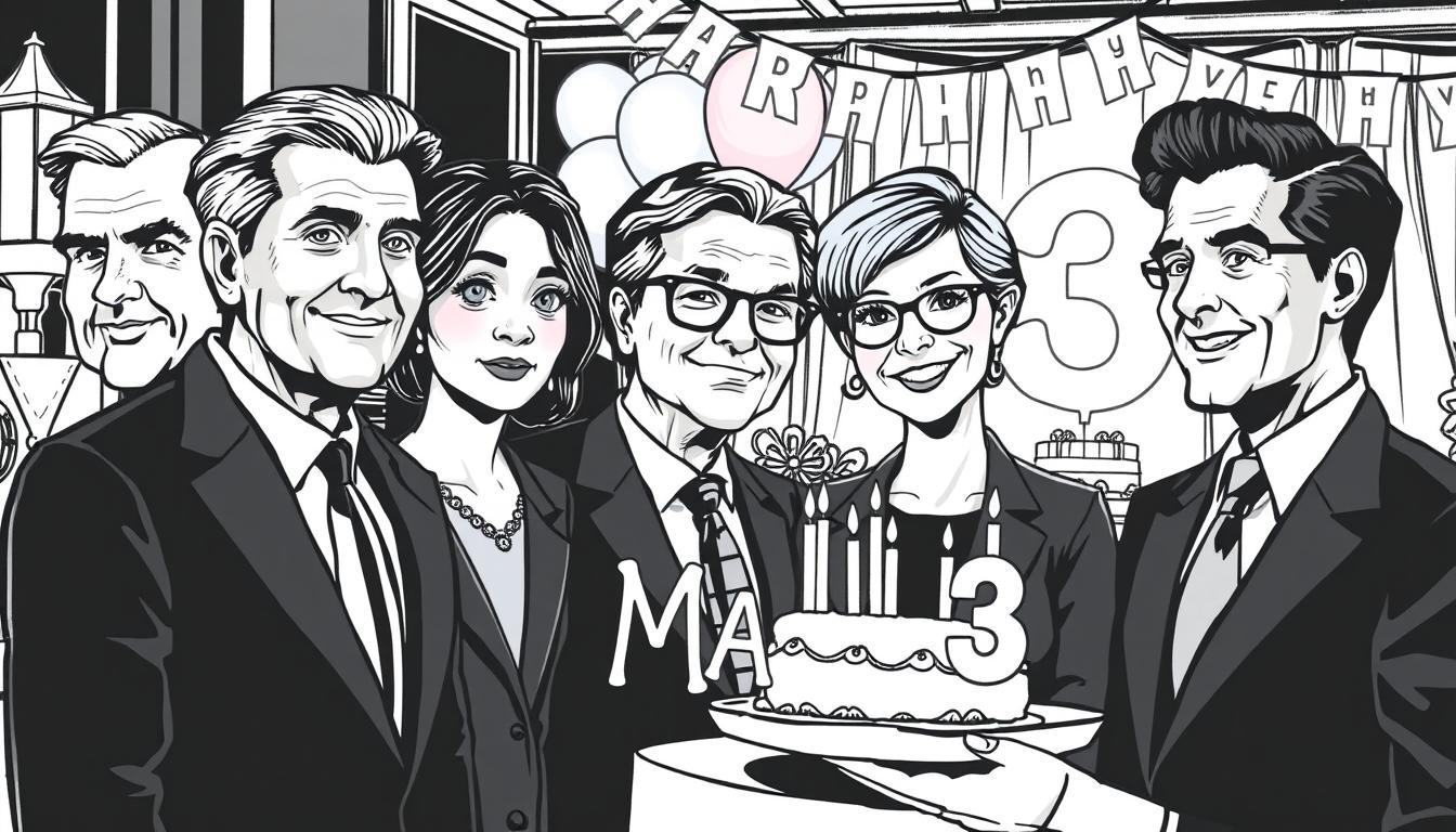 A detailed monochrome illustration featuring notable personalities who share a birthday on March 3rd. In the foreground, create illustrated figures of famous individuals in professional business attire, each exuding charisma and uniqueness, respectfully showcasing their iconic features. The middle layer should include elements like birthday decorations, such as balloons and a cake, subtly colored to draw attention but not overpower the central figures. In the background, depict a festive yet elegant setting, like a birthday party ambiance with soft lighting, hinting at a celebratory atmosphere. The overall mood should be cheerful and classy, with stark black and white contrasts accentuated by selective vibrant colors, creating a timeless feel. A detailed monochrome illustration featuring notable personalities who share a birthday on March 3rd. In the foreground, create illustrated figures of famous individuals in professional business attire, each exuding charisma and uniqueness, respectfully showcasing their iconic features. The middle layer should include elements like birthday decorations, such as balloons and a cake, subtly colored to draw attention but not overpower the central figures. In the background, depict a festive yet elegant setting, like a birthday party ambiance with soft lighting, hinting at a celebratory atmosphere. The overall mood should be cheerful and classy, with stark black and white contrasts accentuated by selective vibrant colors, creating a timeless feel.