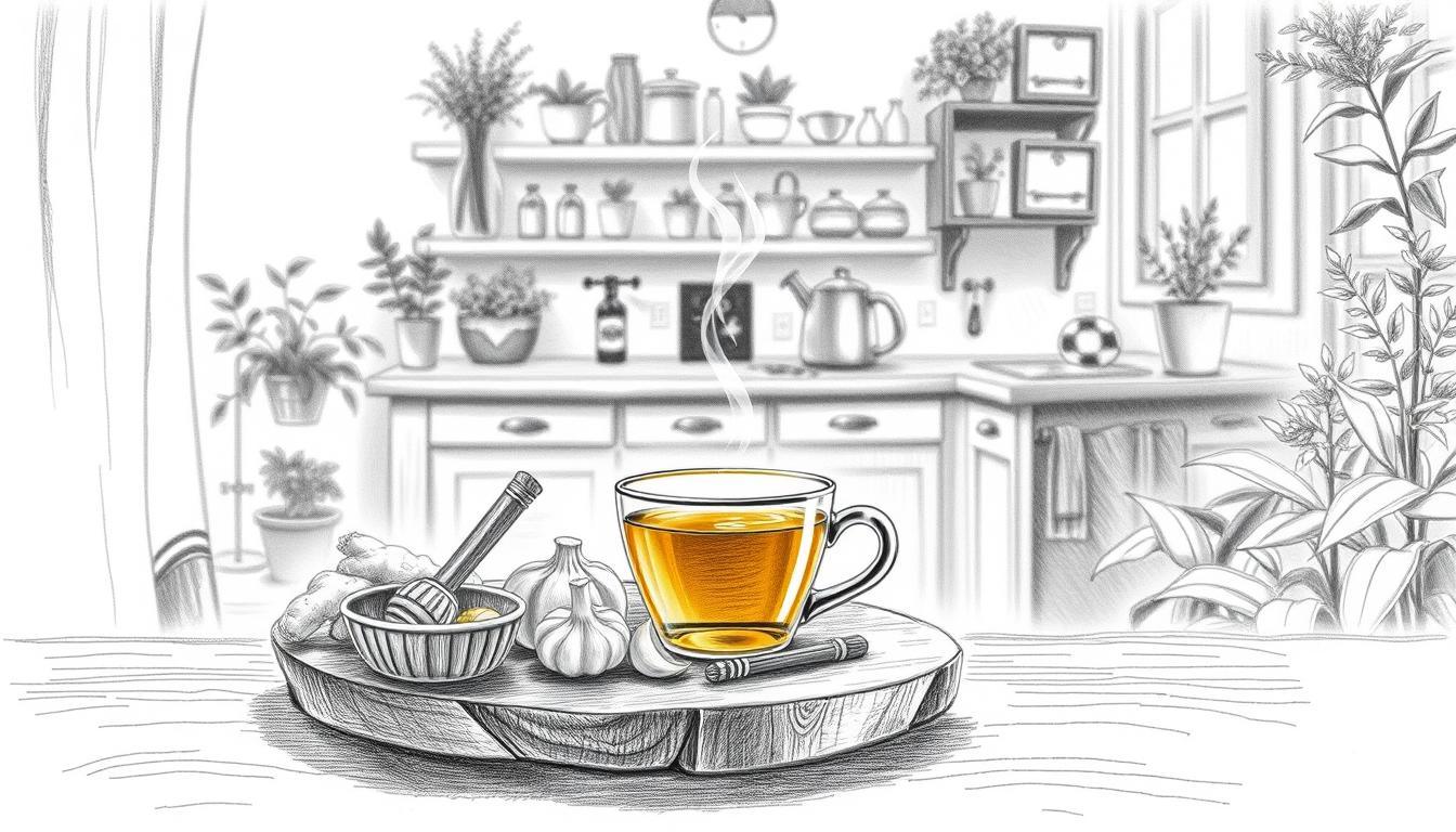 A detailed overview of home remedies for cough relief, presented in a stylized black and white pencil sketch. In the foreground, a small wooden table displays various natural ingredients such as honey, ginger, garlic, and lemon nestled in rustic bowls. A steaming cup of herbal tea sits prominently, exuding warmth. In the middle ground, a faint outline of a cozy kitchen can be seen, with shelves adorned with herbs and a softly glowing window, allowing gentle sunlight to filter through. The background features soft, blurred plants for a tranquil atmosphere. Use selective color accents, such as the golden hue of honey and the vibrant green of herbs, to highlight the remedies, creating an inviting and holistic feel.