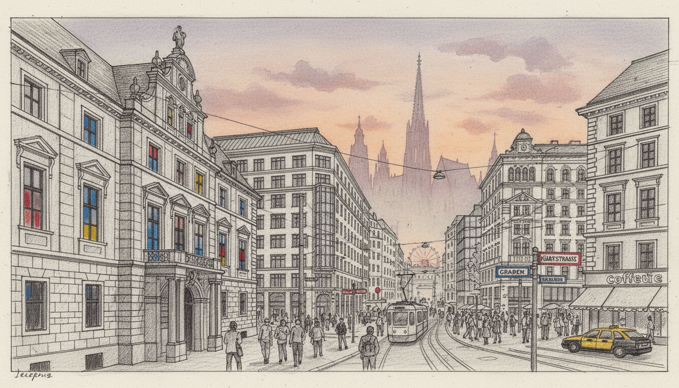 A detailed representation of iconic filming locations from the SOKO series, transitioning from Leipzig to Vienna. In the foreground, showcase a historical building in Leipzig with architectural details highlighted in black and white pencil sketch style, featuring subtle colored accents on windows. The middle ground illustrates a bustling Viennese street, blending classic and modern elements, depicted in the same monochrome style with pops of color on street signs. In the background, a faint silhouette of the Vienna skyline, illuminated by a soft, warm glow of sunset. The overall mood is a nostalgic yet vibrant exploration of these cities, with emphasis on artistic perspective and depth, capturing the essence of their cultural landmarks in a series-like thematic composition.