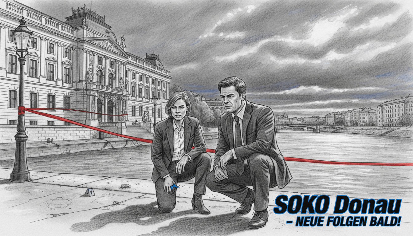 A detailed scene depicting key locations from "SOKO Donau" in a monochrome pencil sketch style, featuring selective vibrant color accents. In the foreground, a pair of detectives in professional business attire examine a crime scene by the Danube River, their expressions focused and determined. In the middle ground, a historic Viennese building reflects the city's architectural charm, while police tape flutters gently in the breeze. The background captures the serene waterway under a cloudy sky, hinting at an impending storm, adding tension to the atmosphere. Soft but dramatic lighting enhances the intricate textures of the urban setting, with a slight tilt-angle perspective to draw viewers into the scene and evoke a sense of anticipation for the new episodes.