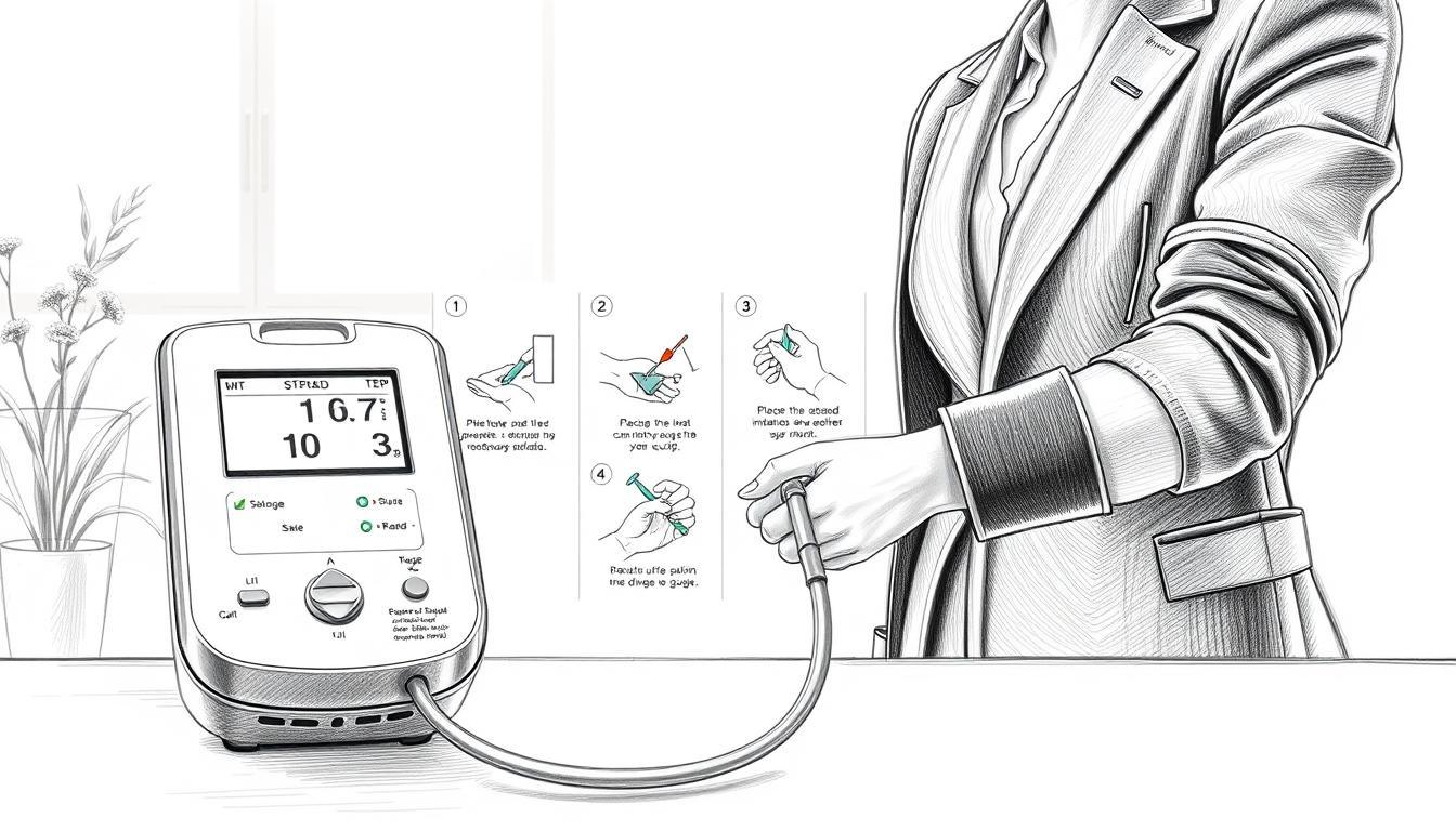 A detailed step-by-step guide for measuring blood pressure, illustrated in a black and white pencil sketch with selective color accents. In the foreground, a clearly defined blood pressure monitor with a stylish cuff is shown, accompanied by a professional in modest business attire demonstrating the application of the cuff. In the middle ground, step-by-step illustrations are lightly sketched, showing the process of placing the cuff, inflating it, and reading the gauge, with subtle hints of color highlighting key components like the gauge needle and instructions. The background should depict a serene, minimalist medical clinic, with soft, natural light filtering in through a window, creating a calm and professional atmosphere. The overall composition should invite a sense of clarity and focus on proper technique.