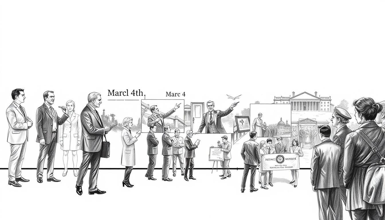 A detailed timeline illustration showcasing significant historical events that occurred on March 4th, depicted in a black and white pencil style with selective color accents. In the foreground, include prominent figures in professional business attire, representing various historical milestones, engaged in discussions or actions characteristic of their events. In the middle ground, present iconic scenes from the highlighted occurrences, such as a pivotal speech or the signing of a document, illustrated with dramatic shading and textures. The background should feature an elegantly sketched landscape, hinting at a specific era or architectural style relevant to the events, with soft, ambient lighting to create a thoughtful and reflective atmosphere. The overall mood should be informative and inspiring, capturing the essence of history in a visually compelling manner.