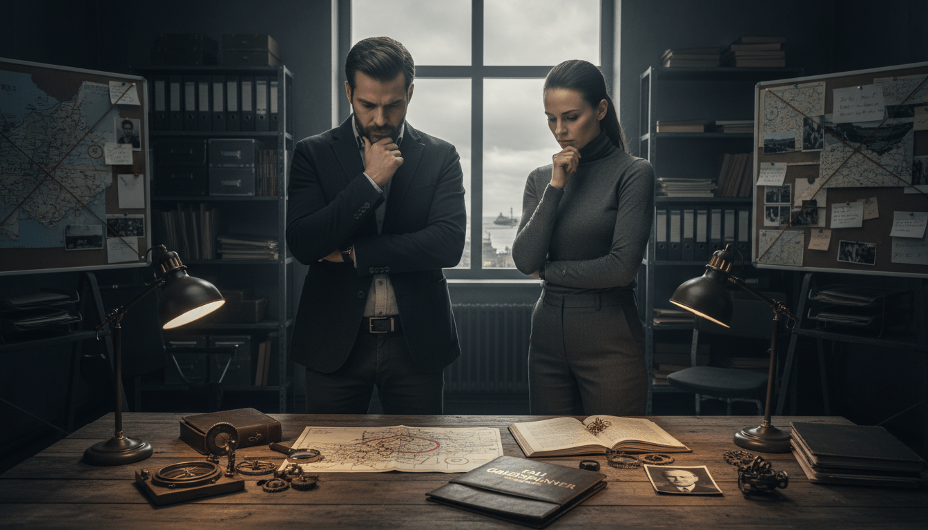 A detective scene set in Kiel for the "Fall Goldspinner Ermittlungsdetails" case, featuring two professional investigators, Sahin and Krieger, in smart, casual attire. In the foreground, depict them in a thoughtful pose, examining a set of clues laid out on a wooden table, with a backdrop of a dimly lit office filled with case files and maps on the walls. The middle ground should have a large window revealing the moody, overcast Kiel skyline, adding tension to the atmosphere. Include soft, focused lighting to highlight their expressions and the documents while casting subtle shadows to evoke a sense of mystery. The angle should be slightly elevated, offering a surrounding view that suggests a deeper investigation at play, without any text or distractions.