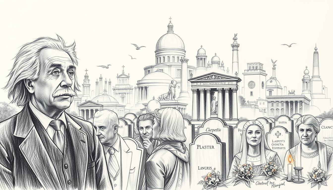 A dramatic black and white pencil sketch depicting historical figures who have passed away, set against a richly detailed backdrop of historical landmarks. In the foreground, portray solemn and dignified representations of well-known personalities like Albert Einstein and Cleopatra, dressed in professional attire, looking contemplative. In the middle ground, include symbolic elements like tombstones and candles, subtly illuminated by warm, soft lighting to evoke reverence. The background showcases a faint, ethereal outline of ancient ruins and modern memorials, blending together time periods to reflect the legacy of these figures. Incorporate splashes of color in specific areas, such as flowers at the graves or glowing candles, to create focal points. The overall atmosphere should be one of reflection and respect, capturing the essence of remembrance and legacy.