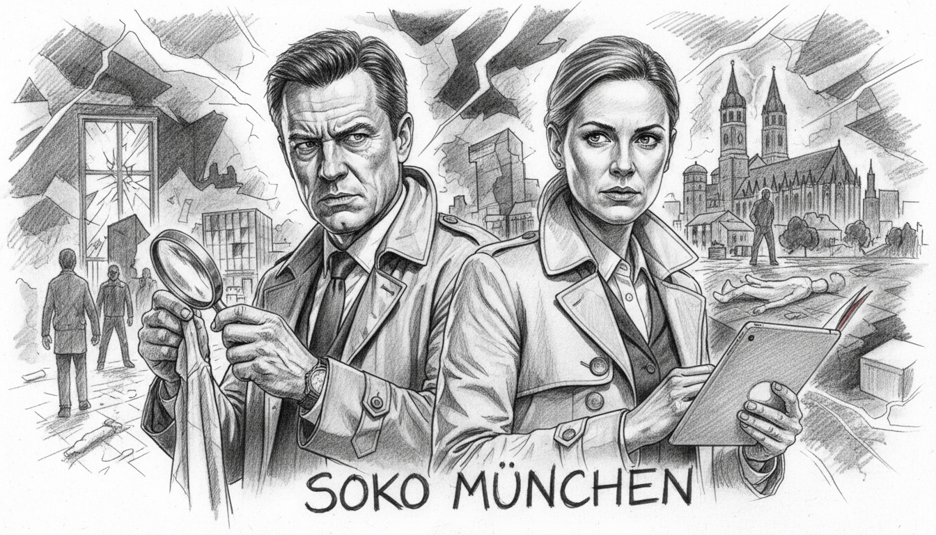 A dramatic black and white pencil sketch of iconic characters from "SOKO München," surrounded by elements representing their most unforgettable cases. In the foreground, two main characters in professional business attire are depicted, showing emotion and determination as they examine crucial evidence. In the middle, a shadowy depiction of a crime scene adds tension, while subtle hints of color mark important objects like a police badge and a file folder for emphasis. The background features a stylized skyline of Munich, enhancing the setting. The lighting should evoke a moody atmosphere, with shadow and light play to highlight the characters' expressions, captured from a dynamic low-angle perspective for added drama and engagement.