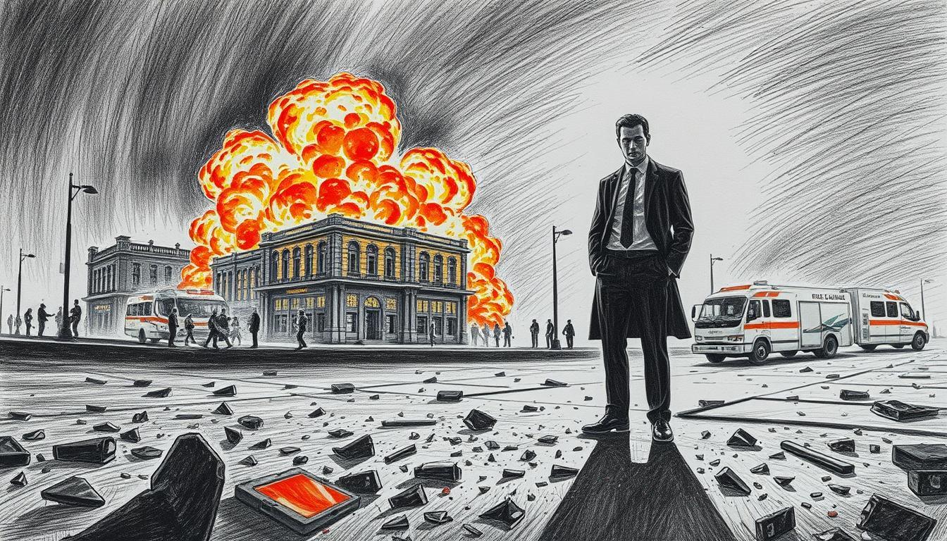 A dramatic crime scene at night, capturing the moment of an explosion. In the foreground, shards of glass and debris scatter on the ground, creating a sense of urgency. A silhouette of a detective dressed in a professional business suit stands alert, surveying the chaos. In the middle ground, a building is engulfed in flames, with bright orange and red colors contrasting against the black and white pencil drawing style, revealing intricate details of the architecture. In the background, a dark, moody sky punctuates the scene, with faint outlines of emergency vehicles and officers cordoning off the area. The lighting is dynamic, highlighting the flames and casting stark shadows, evoking a tense and thrilling atmosphere.