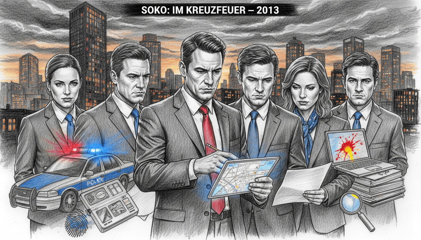 A dramatic scene capturing the essence of the 2013 five-part SOKO crossover event. In the foreground, a diverse team of law enforcement professionals, dressed in smart business attire, engage in a serious discussion, showing determination and teamwork. The middle ground features a dynamic montage of iconic elements from the crossover series, such as police vehicles and investigative tools, rendered in pencil sketch style with selective color accents highlighting crucial elements. In the background, a city skyline at dusk glows softly, creating a tense yet hopeful atmosphere. The overall lighting is moody, with sharp contrasts between black and white, enhancing the sense of urgency and collaboration among the characters.