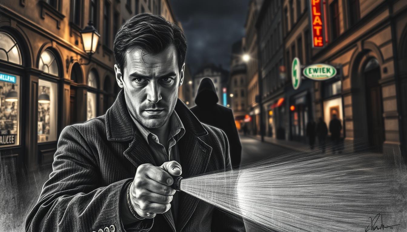 A dramatic scene capturing the tense moment of "Cliffhanger Tatort Ende der Nacht" set in the atmospheric streets of Saarbrücken. Foreground features a well-dressed male detective, Vladimir Burlakov as Leo Hölzer, with a focused expression, holding a flashlight that casts dynamic shadows. In the middle, a shadowy figure looms, emphasizing the mystery and tension, while slightly out of focus to enhance depth. Background showcases dimly lit, historic Saarbrücken architecture, with hints of colorful neon signs illuminating the night. The overall mood is suspenseful and intense, enhanced by high-contrast black and white pencil sketching with selective color accents adding intrigue in the scene. Gentle night lighting emphasizes contours and shapes, creating a cinematic feel.