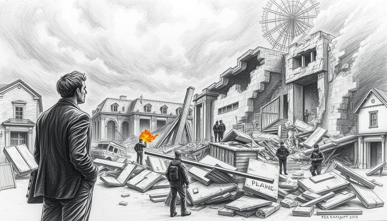 A dramatic scene capturing tragic moments and disasters of February 24th, portrayed in black and white pencil sketch style with selective color accents. In the foreground, a somber figure dressed in professional attire, looking on in despair, symbolizing the emotional weight of history. In the middle ground, a chaotic environment depicting ruins and destruction, with details like shattered buildings, fallen debris, and emergency responders in muted tones and dynamic poses. The background features a stormy sky, enhancing the atmosphere of despair and turmoil, with dark clouds swirling ominously. Soft, diffused lighting casts gentle shadows, creating depth, while colored highlights illuminate key elements, emphasizing the moments of tragedy. The overall mood is one of reflection and sorrow, encapsulating the weight of historical events.