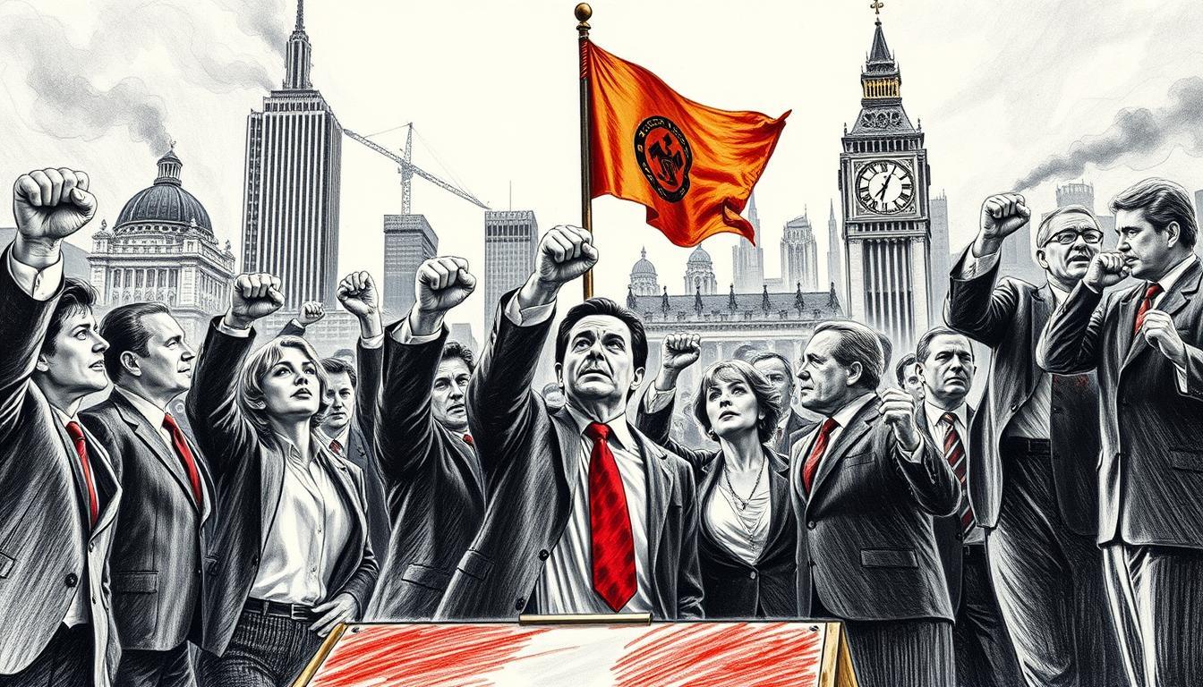 A dramatic scene depicting significant political revolutions and state actions. In the foreground, a diverse group of individuals in professional business attire passionately debate with clenched fists raised, symbolizing unity and determination. The middle ground features iconic historical symbols, such as a broken chain, a raised flag, and a large clock indicating the passage of time. In the background, a cityscape is partially darkened, reflecting upheaval, with smoke and dim voices echoing revolution amidst tall buildings. Use pencil sketch shading for the overall image, with selective bursts of color highlighting key elements like the flag and clock. The mood is intense and charged, evoking a sense of urgency and transformation. Capture the scene with a dynamic, slightly low-angled perspective to enhance the sense of action and drama.