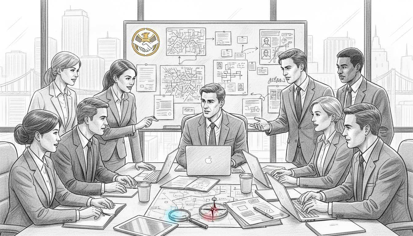A dynamic and engaging scene illustrating a team meeting between two crime-solving units, represented by professional individuals in smart business attire. The foreground features diverse team members with a mix of genders and ethnicities, engaged in intense discussion over a large table strewn with case files and digital devices. In the middle ground, a whiteboard displays maps and notes, hinting at their collaborative investigation. The background shows large windows revealing a city skyline, bathed in soft daylight, creating a bright and hopeful atmosphere. The image should be rendered in black and white pencil style, with strategic pops of color highlighting key elements like the team logo or investigative tools, enhancing the collaborative theme of the piece.