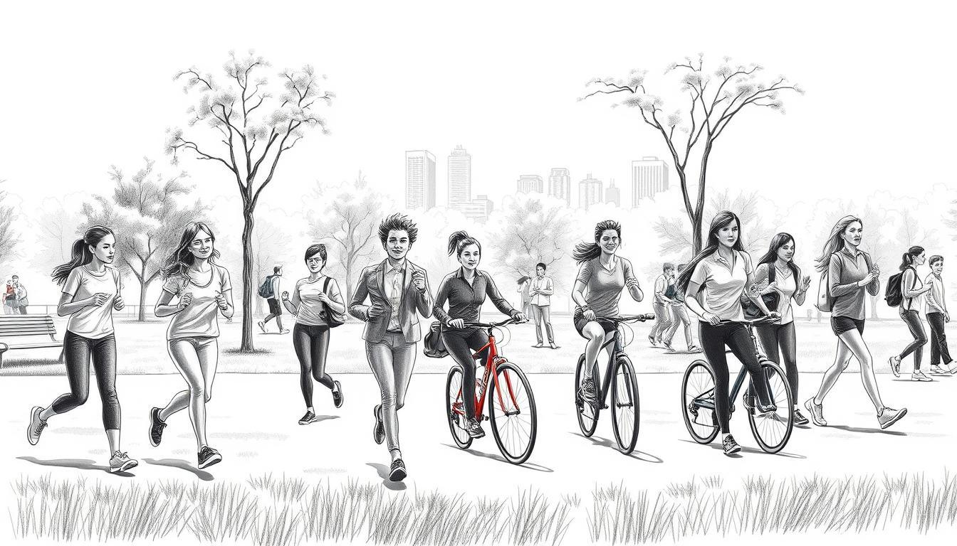 A dynamic and lively scene illustrating everyday activities that burn calories, set in a monochrome pencil sketch style with selective color accents. In the foreground, a diverse group of individuals engages in various physical activities such as jogging, cycling, and stretching. They wear professional and modest casual clothing, reflecting an active lifestyle. In the middle ground, a park with trees, benches, and pathways adds depth, while people interact with each other, portraying community and health. The background features a soft-focus skyline, hinting at an urban environment. Use natural lighting to enhance the scene's warmth, capturing the energy of the moment. The overall atmosphere should feel motivating and vibrant, emphasizing the importance of staying active in everyday life without any text or branding elements.