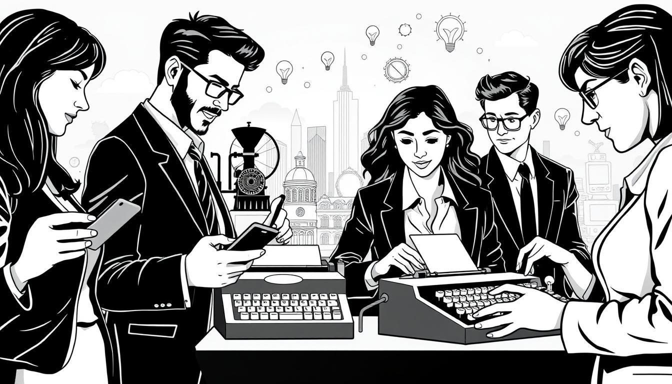 A dynamic black-and-white illustration of "Pioneers of Progress: Technological Milestones," featuring a group of diverse, professional individuals in business attire, engaging with various inventions throughout history. In the foreground, a woman holds a smartphone, while a man examines a classic typewriter. In the middle, a backdrop showcases iconic technological innovations like the printing press, steam engine, and early computers, each highlighted with subtle color accents that bring life to the monochrome setting. The background presents a modern cityscape merging into a vintage landscape, symbolizing the evolution of technology over time. Soft lighting enhances the depth, with a slightly dramatic angle that conveys a sense of innovation and discovery, creating an inspiring and motivational atmosphere. A dynamic black-and-white illustration of "Pioneers of Progress: Technological Milestones," featuring a group of diverse, professional individuals in business attire, engaging with various inventions throughout history. In the foreground, a woman holds a smartphone, while a man examines a classic typewriter. In the middle, a backdrop showcases iconic technological innovations like the printing press, steam engine, and early computers, each highlighted with subtle color accents that bring life to the monochrome setting. The background presents a modern cityscape merging into a vintage landscape, symbolizing the evolution of technology over time. Soft lighting enhances the depth, with a slightly dramatic angle that conveys a sense of innovation and discovery, creating an inspiring and motivational atmosphere.