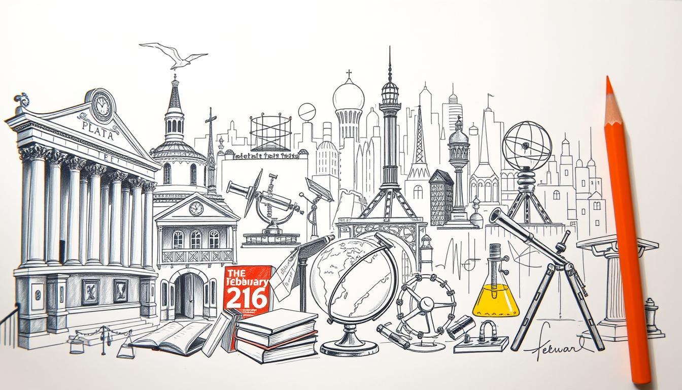 A dynamic black and white pencil sketch illustrating significant cultural and scientific milestones that occurred on February 26. In the foreground, include iconic symbols of cultural achievements, such as a classic theatre, books, and a globe to represent education. The middle layer should feature scenes of notable scientific discoveries, with recognizable elements like laboratory equipment and a telescope. In the background, depict a city skyline blending historical and modern architecture to symbolize progress. Use strategic pops of color to highlight key milestones, such as a bright red book cover or yellow laboratory flask. The mood should be inspirational and reflective, conveying a sense of history and innovation, with soft, diffused lighting to add depth and intrigue to the scene.