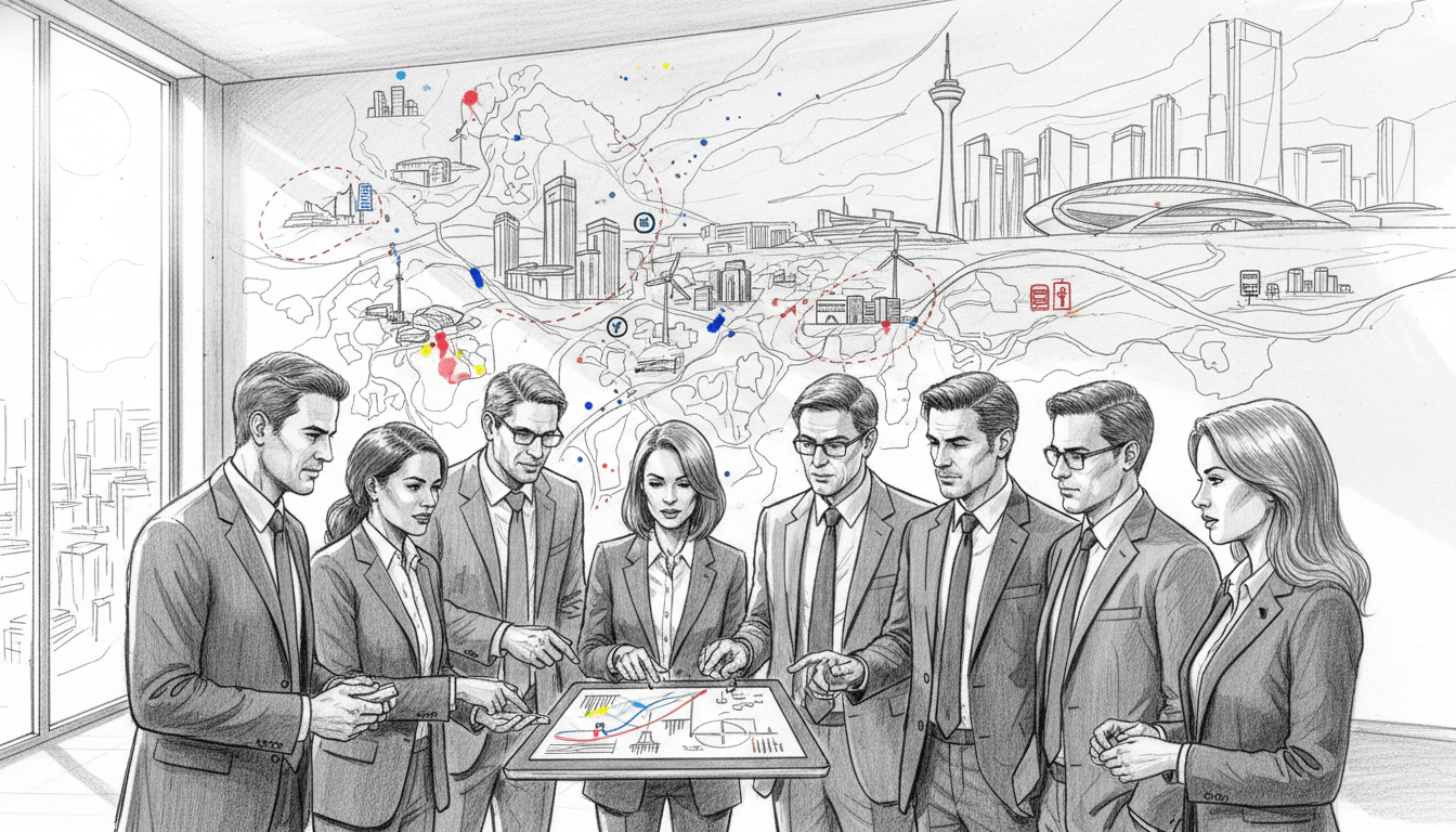 A dynamic black and white pencil sketch illustrating the contemporary projects and future vision of SOKO Stuttgart. In the foreground, a diverse group of professionals in smart business attire gather around a digital tablet, discussing plans, with expressions of engagement and determination. The middle layer features a detailed map of Stuttgart, adorned with highlighted project locations marked with colorful accents. The background showcases a mural of the city skyline, symbolizing growth and innovation. Soft, diffused lighting creates an optimistic atmosphere, highlighting the focus on collaboration and forward-thinking. Capture this scene with a slight aerial perspective to emphasize the gathering’s importance and the city’s ambitious goals.