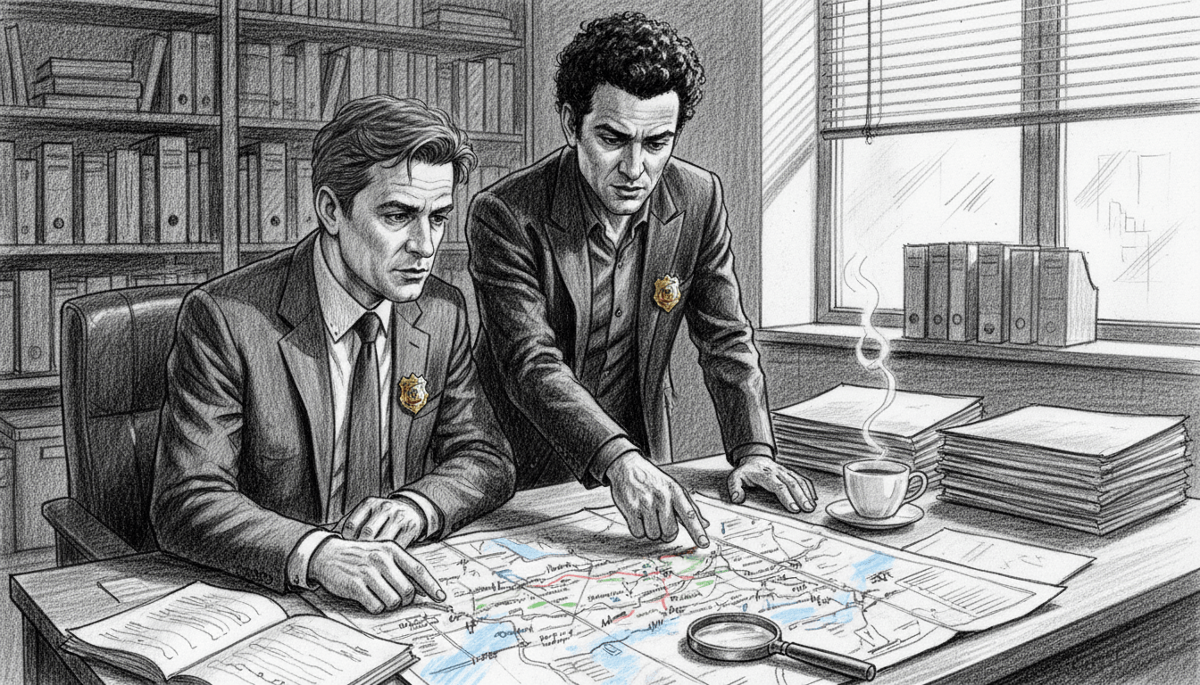 A dynamic duo of detectives, Stemberger and Niedetzky, positioned in a tense investigation scene. Foreground: Stemberger, with short brown hair, wearing a smart business suit, is analyzing evidence with a focused expression, while Niedetzky, tall with curly black hair and dressed in a sleek jacket, stands beside him pointing to a map on a table. Middle ground: a cluttered desk with case files, a magnifying glass, and a coffee cup, hinting at their diligent work. Background: an office space with dim lighting, casting shadows that enhance the serious atmosphere of crime-solving. Details in black and white pencil style, with selective splashes of color on their badges and the map. The mood is intense, reflecting the anticipation for the 2026 season. A dynamic duo of detectives, Stemberger and Niedetzky, positioned in a tense investigation scene. Foreground: Stemberger, with short brown hair, wearing a smart business suit, is analyzing evidence with a focused expression, while Niedetzky, tall with curly black hair and dressed in a sleek jacket, stands beside him pointing to a map on a table. Middle ground: a cluttered desk with case files, a magnifying glass, and a coffee cup, hinting at their diligent work. Background: an office space with dim lighting, casting shadows that enhance the serious atmosphere of crime-solving. Details in black and white pencil style, with selective splashes of color on their badges and the map. The mood is intense, reflecting the anticipation for the 2026 season.