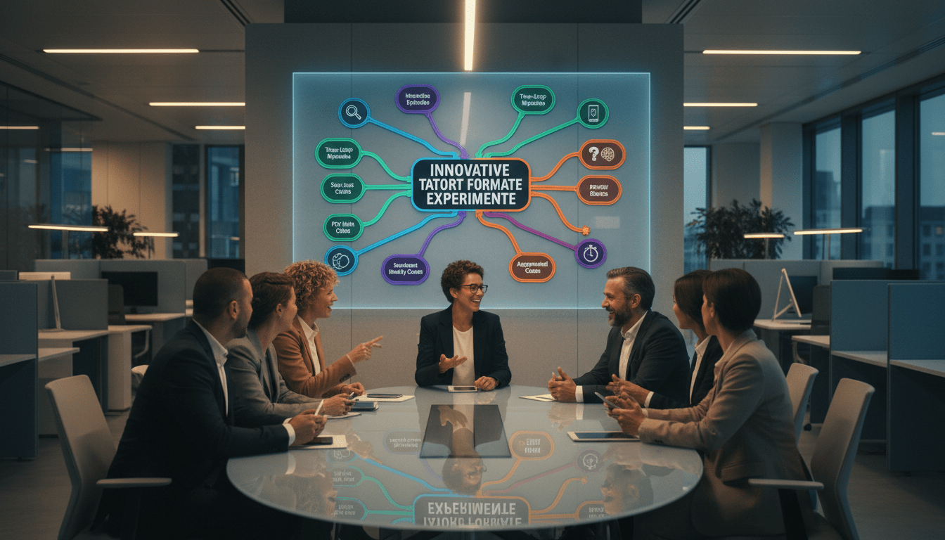 A dynamic scene capturing the essence of "Innovative Tatort Formate Experimente." In the foreground, focus on a diverse group of characters in professional attire seated around a modern conference table, animatedly discussing creative ideas for crime scene investigations. The middle ground features a large digital screen showcasing a colorful mind map of unique narrative formats and episode concepts, with visual cues from classic detective motifs like magnifying glasses and question marks. The background presents a contemporary office space with sleek furniture and soundproof panels, illuminated by warm ambient lighting. The mood is vibrant and collaborative, conveying a sense of excitement and innovation in crime storytelling. Use a shallow depth of field to emphasize the characters and their engaging expressions.