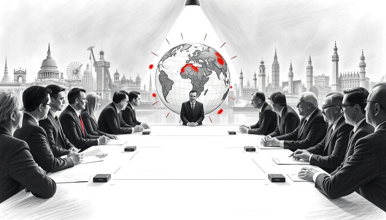 A dynamic scene depicting a global political landscape on March 9, capturing the tension of international crises. In the foreground, a diverse group of diplomats in professional business attire, engaged in serious discussion around a large conference table. The middle ground features a globe illuminated by a dramatic spotlight, highlighting key conflict regions. In the background, a visual tapestry of major world landmarks, each symbolizing various nations, rendered in detailed pencil style and monochrome. Subtle color accents indicate urgency, such as red highlighting crisis zones. The atmosphere is tense yet focused, conveying a sense of urgency and gravitas, with soft, moody lighting emphasizing the seriousness of global diplomacy. A dynamic scene depicting a global political landscape on March 9, capturing the tension of international crises. In the foreground, a diverse group of diplomats in professional business attire, engaged in serious discussion around a large conference table. The middle ground features a globe illuminated by a dramatic spotlight, highlighting key conflict regions. In the background, a visual tapestry of major world landmarks, each symbolizing various nations, rendered in detailed pencil style and monochrome. Subtle color accents indicate urgency, such as red highlighting crisis zones. The atmosphere is tense yet focused, conveying a sense of urgency and gravitas, with soft, moody lighting emphasizing the seriousness of global diplomacy.