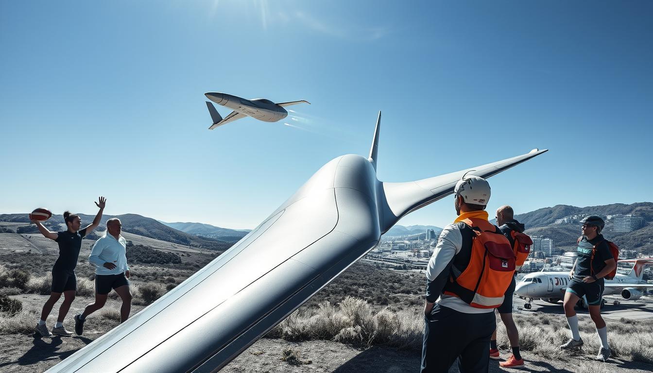 A dynamic scene depicting pioneering achievements in technology and sports, focusing on a futuristic aircraft soaring through a clear blue sky. In the foreground, a sleek, advanced aircraft designed for non-stop flight, showcasing cutting-edge technology with smooth curves and a shiny metallic texture. The middle ground features diverse athletes in professional sports attire, celebrating as they watch the aircraft, representing determination and innovation. In the background, a vibrant landscape with hills and modern buildings symbolizing progress. The lighting is bright and optimistic, with sharp contrasts in black and white, intertwining with colorful accents on the aircraft and athletes’ gear, creating a sense of excitement and achievement. The overall mood is inspiring and forward-looking, capturing the spirit of exploration and achievement. A dynamic scene depicting pioneering achievements in technology and sports, focusing on a futuristic aircraft soaring through a clear blue sky. In the foreground, a sleek, advanced aircraft designed for non-stop flight, showcasing cutting-edge technology with smooth curves and a shiny metallic texture. The middle ground features diverse athletes in professional sports attire, celebrating as they watch the aircraft, representing determination and innovation. In the background, a vibrant landscape with hills and modern buildings symbolizing progress. The lighting is bright and optimistic, with sharp contrasts in black and white, intertwining with colorful accents on the aircraft and athletes’ gear, creating a sense of excitement and achievement. The overall mood is inspiring and forward-looking, capturing the spirit of exploration and achievement.