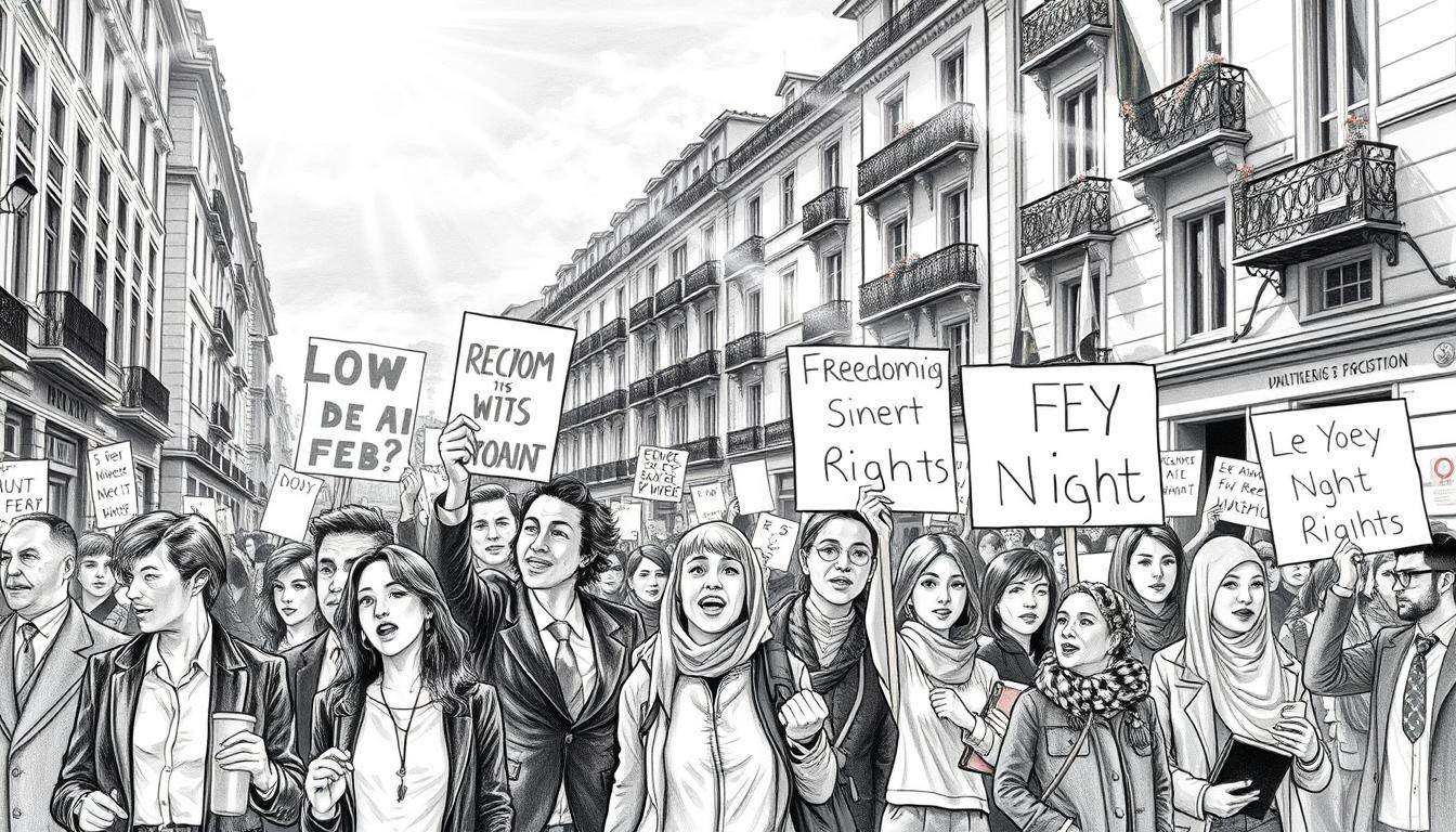 A dynamic scene depicting societal change and protests on February 7th, illustrated in black and white pencil with selective color accents. In the foreground, a diverse group of people in professional business attire and modest casual clothing, passionately holding signs advocating for freedom and rights. Their expressions convey urgency and determination. The middle ground features a city street lined with historic buildings, where banners hang from balconies, showcasing vibrant colors against the monochrome backdrop. In the background, a larger crowd can be seen mobilizing, with blurred figures symbolizing unity and movement. Soft, natural lighting creates an uplifting mood as rays of sunlight filter through the clouds, bathing the scene in a hopeful, yet serious atmosphere. The image captures the essence of a pivotal moment in the ongoing fight for social justice. A dynamic scene depicting societal change and protests on February 7th, illustrated in black and white pencil with selective color accents. In the foreground, a diverse group of people in professional business attire and modest casual clothing, passionately holding signs advocating for freedom and rights. Their expressions convey urgency and determination. The middle ground features a city street lined with historic buildings, where banners hang from balconies, showcasing vibrant colors against the monochrome backdrop. In the background, a larger crowd can be seen mobilizing, with blurred figures symbolizing unity and movement. Soft, natural lighting creates an uplifting mood as rays of sunlight filter through the clouds, bathing the scene in a hopeful, yet serious atmosphere. The image captures the essence of a pivotal moment in the ongoing fight for social justice.