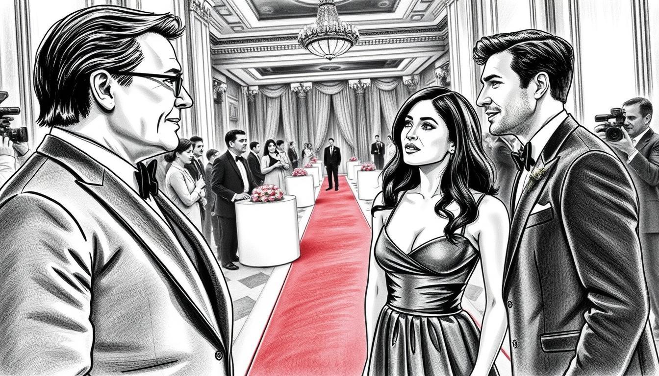 A dynamic scene featuring a media mogul and international film stars gathered in an elegant setting on March 11. In the foreground, depict the media mogul, a confident figure in a tailored suit, engaging with two stylishly dressed actors, one male in a classic black tuxedo and one female in a chic evening gown. Capture their animated conversation. In the middle ground, showcase a lavish event space with soft lighting, accentuating the glamour of the gathering. The background should feature a tastefully arranged red carpet, with photographers capturing the moment. Use black and white pencil shading with selective color accents, like the actors' outfits and the subtle glow of event lights. The mood should be sophisticated yet vibrant, reflecting the excitement of media influence and star power.