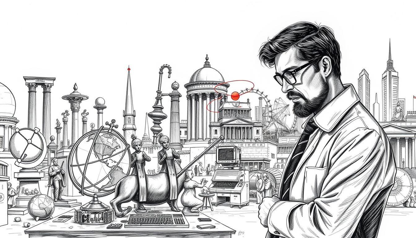 A dynamic scene illustrating "Culture, Science, and Inventions" in a black and white pencil sketch style, featuring a prominent figure in professional attire, symbolizing innovation. In the foreground, a researcher examines a vintage scientific instrument, while a backdrop of famous cultural icons and scientific achievements emerges, such as a globe, an atom model, and classical sculptures. The middle ground presents a blend of historical inventions, like the printing press and an early computer, subtly highlighted with colorful accents in various hues to draw attention. The background features an abstract city skyline, symbolizing progress and modernity, under soft, dramatic lighting to create an inspiring atmosphere, evoking curiosity and respect for knowledge.