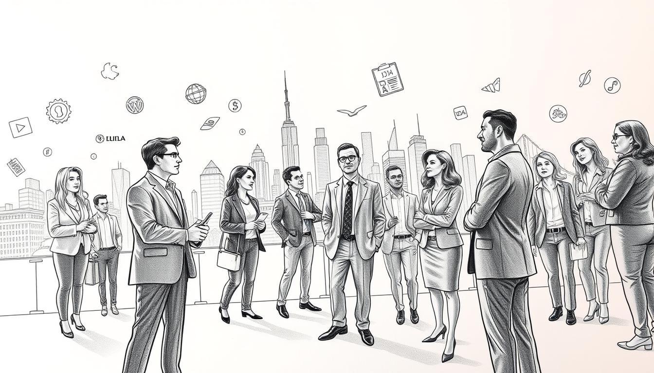 A dynamic scene showcasing several successful entrepreneurs, illustrated in black and white pencil with selective color accents. In the foreground, diverse individuals in professional business attire engage in animated discussions, reflecting innovation and creativity. In the middle ground, iconic products and logos symbolizing their brands subtly emerge, hinting at the impact these entrepreneurs have made on the world. The background features a bustling city skyline, representing the global marketplace, bathed in soft natural lighting to create an inspiring atmosphere. The angle captures a sense of depth, drawing the viewer’s attention to the entrepreneurs while the surrounding elements reinforce the theme of business genius. The overall mood is uplifting and motivational, perfectly encapsulating the spirit of entrepreneurship. A dynamic scene showcasing several successful entrepreneurs, illustrated in black and white pencil with selective color accents. In the foreground, diverse individuals in professional business attire engage in animated discussions, reflecting innovation and creativity. In the middle ground, iconic products and logos symbolizing their brands subtly emerge, hinting at the impact these entrepreneurs have made on the world. The background features a bustling city skyline, representing the global marketplace, bathed in soft natural lighting to create an inspiring atmosphere. The angle captures a sense of depth, drawing the viewer’s attention to the entrepreneurs while the surrounding elements reinforce the theme of business genius. The overall mood is uplifting and motivational, perfectly encapsulating the spirit of entrepreneurship.