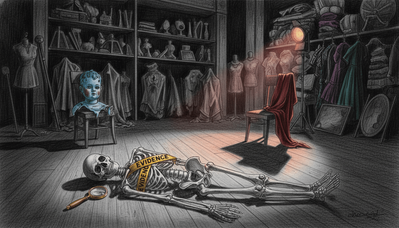 A forensic investigation scene featuring an intricately detailed skeleton displayed prominently in the foreground, its bones expertly articulated and partially wrapped in evidence tape. In the middle ground, mysterious elements like an old, dusty theater prop storage area with dim lighting create an eerie atmosphere, hinting at hidden secrets. Shadows softly elongate across the floor, with faintly illuminated props that evoke a sense of intrigue. The background reveals towering stacks of theatrical costumes and props, draped in shadows, enhancing the ominous feel. The entire image is rendered in monochrome pencil sketch style, with selective, vibrant color accents on key objects, adding a dramatic flair. The lighting should create a suspenseful mood, inviting viewers to ponder the mystery of this cold case.