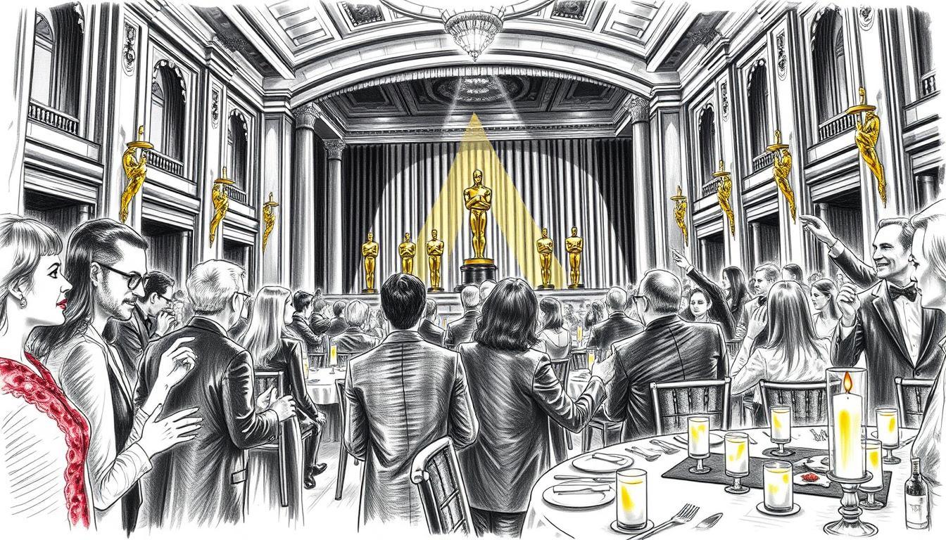 A glamorous scene depicting the Oscars ceremony on a leap day, February 29th, in a refined black and white pencil sketch style with selective colorful accents. In the foreground, elegantly dressed attendees in professional attire celebrate, showcasing a mix of classic and contemporary fashion. The middle ground features a grand stage adorned with golden Oscar statues, a dazzling spotlight illuminating the backdrop. Candles flicker on beautifully arranged tables, casting warm light across the hall. The atmosphere is celebratory and vibrant, captured from a dynamic angle that conveys excitement and anticipation. Delicate details of the audience's expressions enhance the scene, emphasizing the cultural history of film legends being honored on this unique day.
