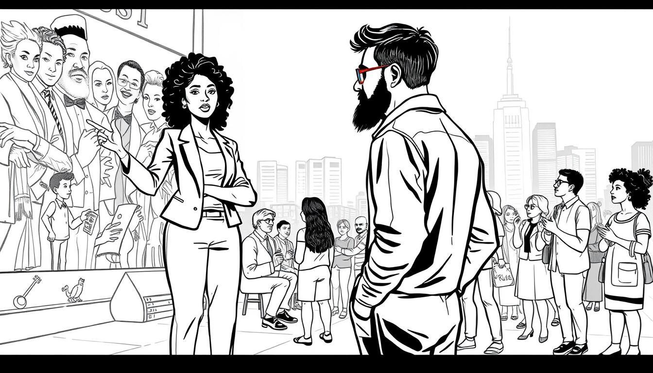 A grayscale illustration featuring a diverse group of people engaged in a dialogue around cultural, social, and rights issues. In the foreground, a Black woman in professional attire stands confidently, pointing toward a large mural depicting historical events, while a South Asian man in casual but respectful clothing listens attentively. In the middle ground, a small gathering of individuals of varying ethnicities can be seen exchanging ideas passionately, surrounded by symbols of culture such as books, art, and musical instruments. In the background, a softly lit city skyline provides a stark contrast with vibrant pops of color highlighting key elements. The mood is one of engagement and determination, capturing the spirit of advocacy and community in a thoughtful composition.
