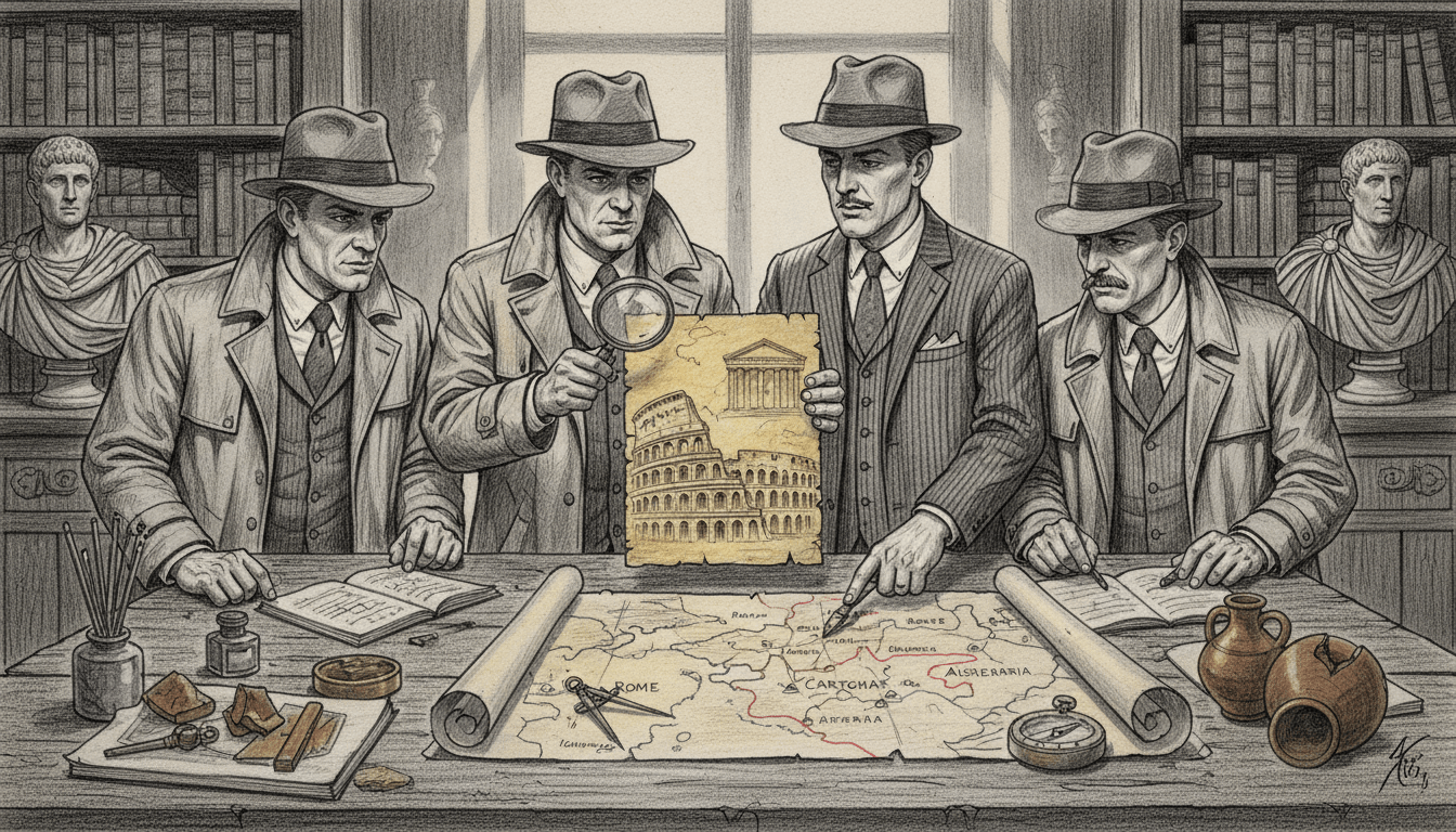 A group of detectives, dressed in professional business attire, gathered around a large wooden table covered with ancient Roman artifacts, scrolls, and maps. In the foreground, one investigator examines a weathered piece of parchment with illustrations of Roman architecture, while another points at a detailed map of the Roman Empire. The middle ground features various tools of analysis, like magnifying glasses and notebooks, alongside historical items, all rendered in black and white pencil sketch with selective color highlights to enhance the artifacts' details. In the background, a dimly lit room filled with shelves of historical books and busts of Roman figures sets a scholarly atmosphere, conveying a sense of discovery and intrigue, casting soft shadows that evoke a mysterious mood.