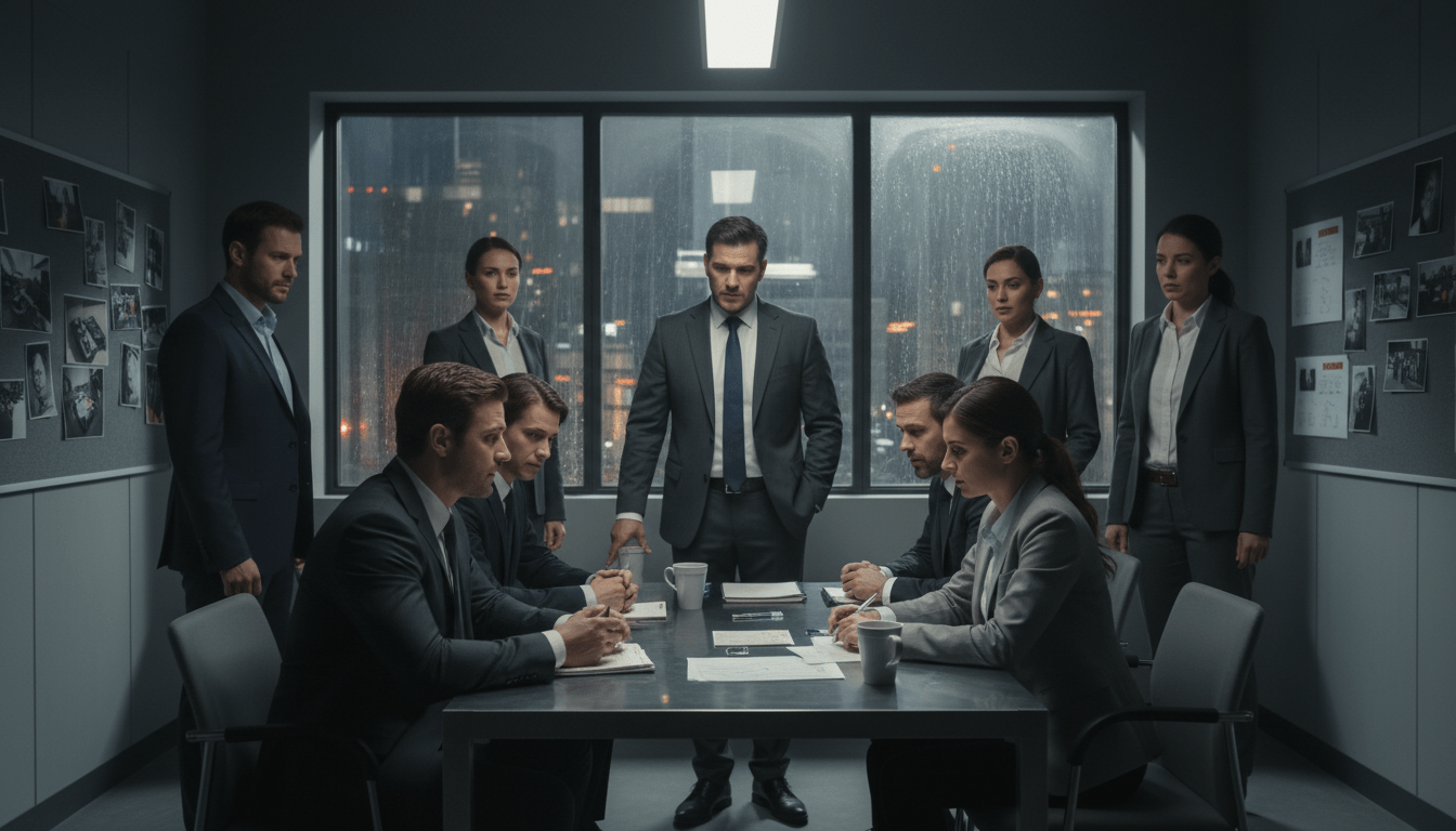 A group of investigators and detectives gathered in a modern, dimly lit interrogation room, displaying expressions of deep concentration and professionalism. In the foreground, a male detective in a sharp suit, with a notepad in hand, leans forward, engaged in discussion. Beside him, a female investigator with an intelligent gaze and casual business attire examines evidence on a table. In the middle ground, a large window reveals a rainy urban landscape, adding a somber mood. In the background, various photographs and evidence boards are pinned to the walls, casting shadows under soft overhead lighting. The overall atmosphere is tense yet focused, capturing the essence of crime investigation in a contemporary setting.