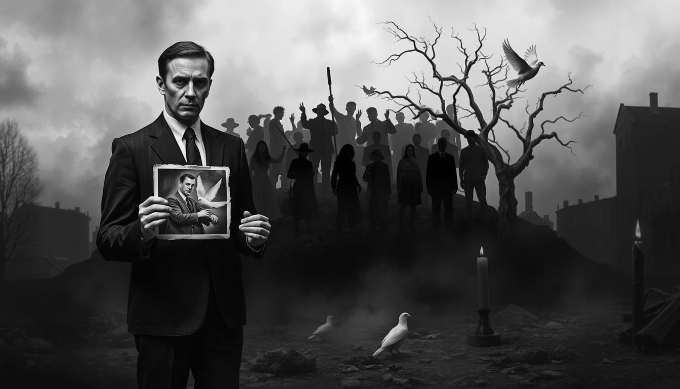 A haunting black and white scene depicting the dark chapters of persecution and war crimes. In the foreground, a somber figure in professional attire stands with a downcast gaze, holding a faded photograph symbolizing lost lives. Their facial expression reflects sorrow and resilience. In the middle, a collage of shadowy silhouettes represents victims and oppressors, intertwined in a chaotic dance of despair. The background features a desolate landscape, with ravaged buildings and a twisted tree, shrouded in a misty atmosphere. Punctual splashes of color highlight elements like a flickering candle and a dove, symbolizing hope amidst the darkness. The overall lighting is low and dramatic, enhancing the mood of solemn reflection and the weight of history, while a slightly tilted angle draws the viewer into the unsettling narrative. A haunting black and white scene depicting the dark chapters of persecution and war crimes. In the foreground, a somber figure in professional attire stands with a downcast gaze, holding a faded photograph symbolizing lost lives. Their facial expression reflects sorrow and resilience. In the middle, a collage of shadowy silhouettes represents victims and oppressors, intertwined in a chaotic dance of despair. The background features a desolate landscape, with ravaged buildings and a twisted tree, shrouded in a misty atmosphere. Punctual splashes of color highlight elements like a flickering candle and a dove, symbolizing hope amidst the darkness. The overall lighting is low and dramatic, enhancing the mood of solemn reflection and the weight of history, while a slightly tilted angle draws the viewer into the unsettling narrative.