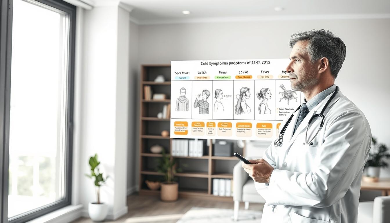 A healthcare professional analyzing a chart depicting the realistic expectations of cold symptom progression over a 24-hour period. In the foreground, a focused and attentive doctor, wearing a crisp white lab coat, stands next to a large wall-mounted infographic. The infographic features a timeline of cold symptoms illustrated in detailed pencil sketches, with selective color accents highlighting key symptoms like sore throat, congestion, and fever. In the middle ground, a comfortable, well-lit office setting, with medical books on the shelves and a window allowing natural light to illuminate the scene. The background contains a calm, organized atmosphere, enhancing the mood of professionalism and clarity. Use black and white pencil shading with minimal but vibrant color highlights for the symptoms.