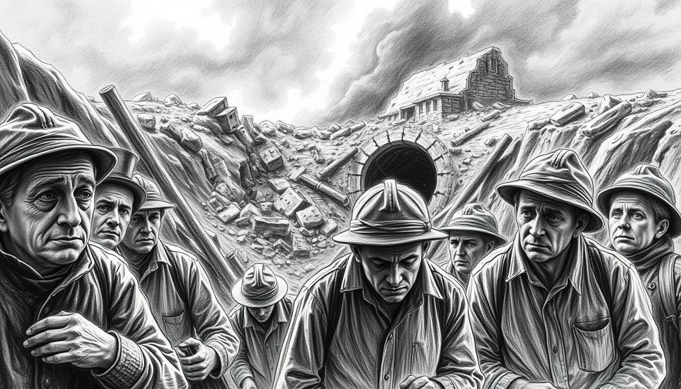 A historic scene depicting the Courrières mining disaster of 1906 in a powerful black and white pencil sketch style, with selective color accents to emphasize significant elements. In the foreground, grieving miners in modest clothing are seen, their faces filled with sorrow and despair, their expressions conveying the weight of tragedy. The middle ground features the collapsed mine entrance, rubble scattered around, creating a haunting atmosphere. In the background, a dark, foreboding sky looms, hinting at the calamity that has unfolded. Soft, dramatic lighting casts shadows that enhance the sense of loss and urgency. The overall composition should evoke a deep sense of tragedy and reflection on the impact of industrial disasters.