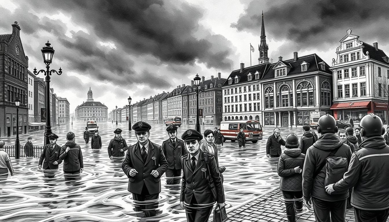A historical depiction of the 1962 flood catastrophe in Hamburg, showcasing dramatic scenes of rising floodwaters inundating the city. In the foreground, emergency responders in professional attire assist distressed citizens, their expressions a mix of urgency and concern. The middle ground features iconic Hamburg architecture partially submerged, with water swirling around lampposts and cobblestone streets. The background displays dark, stormy clouds overhead, casting a somber light across the scene. This black and white illustration features pointed color accents, like the reflective water and emergency vehicles, enhancing the sense of urgency and tragedy. The mood is tense and poignant, capturing a moment of crisis and resilience in the face of disaster. A historical depiction of the 1962 flood catastrophe in Hamburg, showcasing dramatic scenes of rising floodwaters inundating the city. In the foreground, emergency responders in professional attire assist distressed citizens, their expressions a mix of urgency and concern. The middle ground features iconic Hamburg architecture partially submerged, with water swirling around lampposts and cobblestone streets. The background displays dark, stormy clouds overhead, casting a somber light across the scene. This black and white illustration features pointed color accents, like the reflective water and emergency vehicles, enhancing the sense of urgency and tragedy. The mood is tense and poignant, capturing a moment of crisis and resilience in the face of disaster.