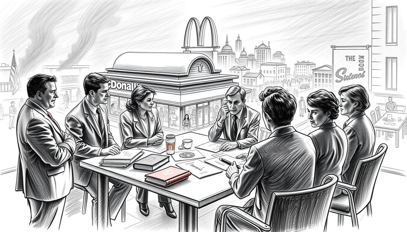 A historical scene depicting the founding of the McDonald's franchise system, rendered in black and white pencil sketch style with selective color accents. In the foreground, a group of diverse businessmen and women, dressed in professional business attire, engage in a strategic discussion around a table filled with marketing materials and early logo designs. The middle ground features a vintage McDonald's restaurant, showcasing its iconic architecture, while in the background, a bustling city reveals the economic landscape of the time, hinting at the dawn of fast food culture. Soft, dramatic lighting casts deep shadows, creating an atmosphere of anticipation and innovation. The scene captures the essence of a pivotal moment in economic history, evoking feelings of nostalgia and progress. A historical scene depicting the founding of the McDonald's franchise system, rendered in black and white pencil sketch style with selective color accents. In the foreground, a group of diverse businessmen and women, dressed in professional business attire, engage in a strategic discussion around a table filled with marketing materials and early logo designs. The middle ground features a vintage McDonald's restaurant, showcasing its iconic architecture, while in the background, a bustling city reveals the economic landscape of the time, hinting at the dawn of fast food culture. Soft, dramatic lighting casts deep shadows, creating an atmosphere of anticipation and innovation. The scene captures the essence of a pivotal moment in economic history, evoking feelings of nostalgia and progress.