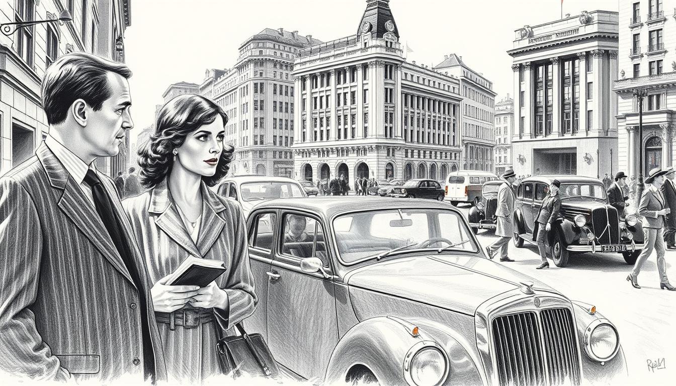 A historical scene set in the year 1929, capturing a bustling urban environment during the late 1920s. In the foreground, a well-dressed man and woman, both in professional business attire, are engaging in conversation, with the woman holding a small notebook. The middle ground features vintage cars and pedestrians in period clothing, showcasing the fashion of the time. In the background, classic buildings with art deco architecture rise against a clear sky. The image is done in pencil black and white with selective colored accents highlighting elements like the cars and the notebooks, creating a striking contrast. Soft lighting evokes a nostalgic atmosphere, while a slightly elevated angle captures the lively essence of the scene, hinting at an important day in history. A historical scene set in the year 1929, capturing a bustling urban environment during the late 1920s. In the foreground, a well-dressed man and woman, both in professional business attire, are engaging in conversation, with the woman holding a small notebook. The middle ground features vintage cars and pedestrians in period clothing, showcasing the fashion of the time. In the background, classic buildings with art deco architecture rise against a clear sky. The image is done in pencil black and white with selective colored accents highlighting elements like the cars and the notebooks, creating a striking contrast. Soft lighting evokes a nostalgic atmosphere, while a slightly elevated angle captures the lively essence of the scene, hinting at an important day in history.