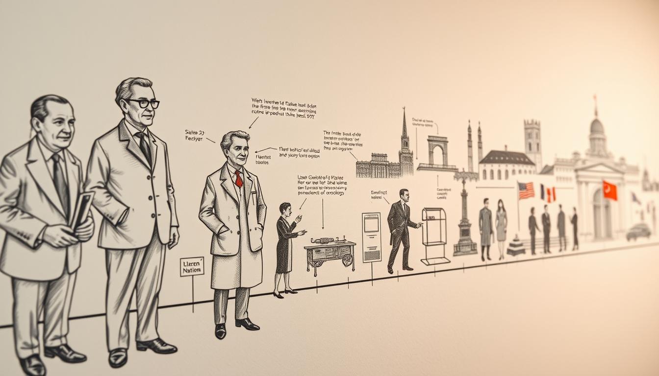 A historical timeline depicting notable events that occurred on February 29th throughout history. In the foreground, illustrate iconic political figures in professional attire, such as a statesman signing a treaty and a scientist presenting a groundbreaking invention, both captured in detailed pencil sketches. The middle section should feature significant inventions like the first leap year calendar and advancements in technology, artistically rendered with vivid color accents. In the background, silhouette buildings representing significant historical landmarks, such as the United Nations and scientific institutions. Use soft, dramatic lighting to evoke a sense of reverence and significance, with a slight upward angle to create depth, emphasizing the importance of these milestones. The overall atmosphere should blend nostalgia with a forward-looking perspective.