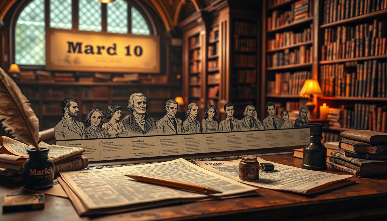 A historical timeline scene illustrating significant events on March 10 throughout history. In the foreground, a vintage-looking desk cluttered with old newspapers, a quill pen, and an ink pot, symbolizing research and reflection. The middle ground features stylized sketches of key figures and portraits from various eras depicted in muted black and white pencil, with selective color accents highlighting pivotal moments. In the background, a softly lit library setting with towering shelves filled with ancient books and artifacts, enhancing a scholarly atmosphere. The overall mood is one of curiosity and reverence for history, illuminated by warm, ambient lighting to evoke a sense of nostalgia. The composition is captured from a slightly angled top-down perspective, giving a sense of depth and exploration into the past.