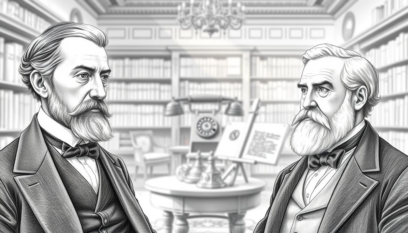 A historical tribute featuring notable figures born or who passed on March 7th, illustrated in black and white pencil style with selective colored accents. In the foreground, elegantly dressed historical personalities such as Alexander Graham Bell and John E. Burchard are depicted in detailed portraits, showcasing their distinctive features and attire. The middle ground presents a softly blurred gathering of symbols representing their contributions, like a telephone and an artist's palette, blending into the background. The background illustrates a serene and timeless setting, resembling a classic library or study with soft, diffused lighting casting gentle shadows, creating an atmosphere of reflection and reverence. The overall mood is contemplative, inviting the viewer to consider the impact of these individuals on history.
