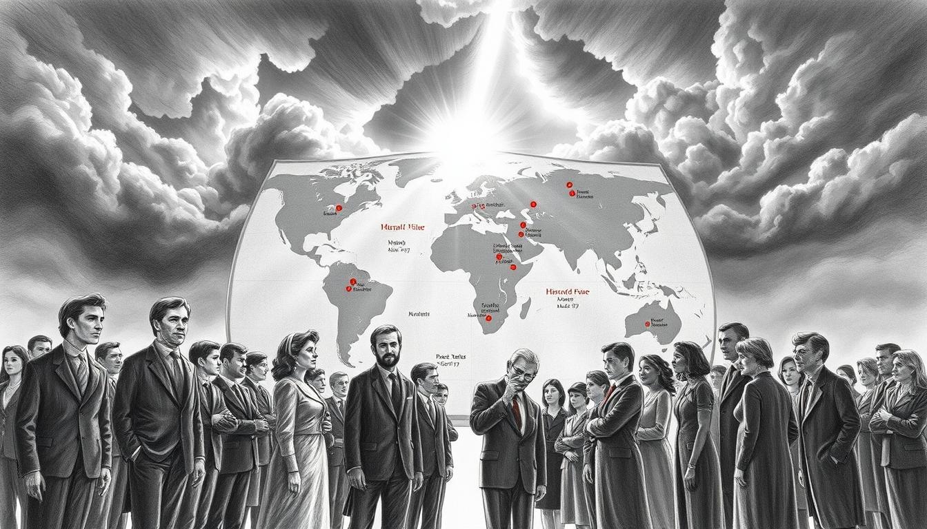 A historically significant scene illustrating "War and Peace" moments on March 7th. In the foreground, a diverse group of figures in professional attire represents the tension between war and diplomacy, showing expressions of determination and hope. The middle ground features a large, stylized map with significant historical events marked, like battle sites and peace treaties. The background showcases a dramatic sky transitioning from dark storm clouds symbolizing conflict to soft, radiant light breaking through, indicating a resolution. The image is rendered in pencil, black and white, with selective color accents on the figures' clothing and the map locations, creating a compelling contrast. The overall atmosphere evokes a sense of urgency and hope, encapsulating pivotal moments that shaped history. The lighting is soft yet dramatic, with a focal depth emphasizing the characters.