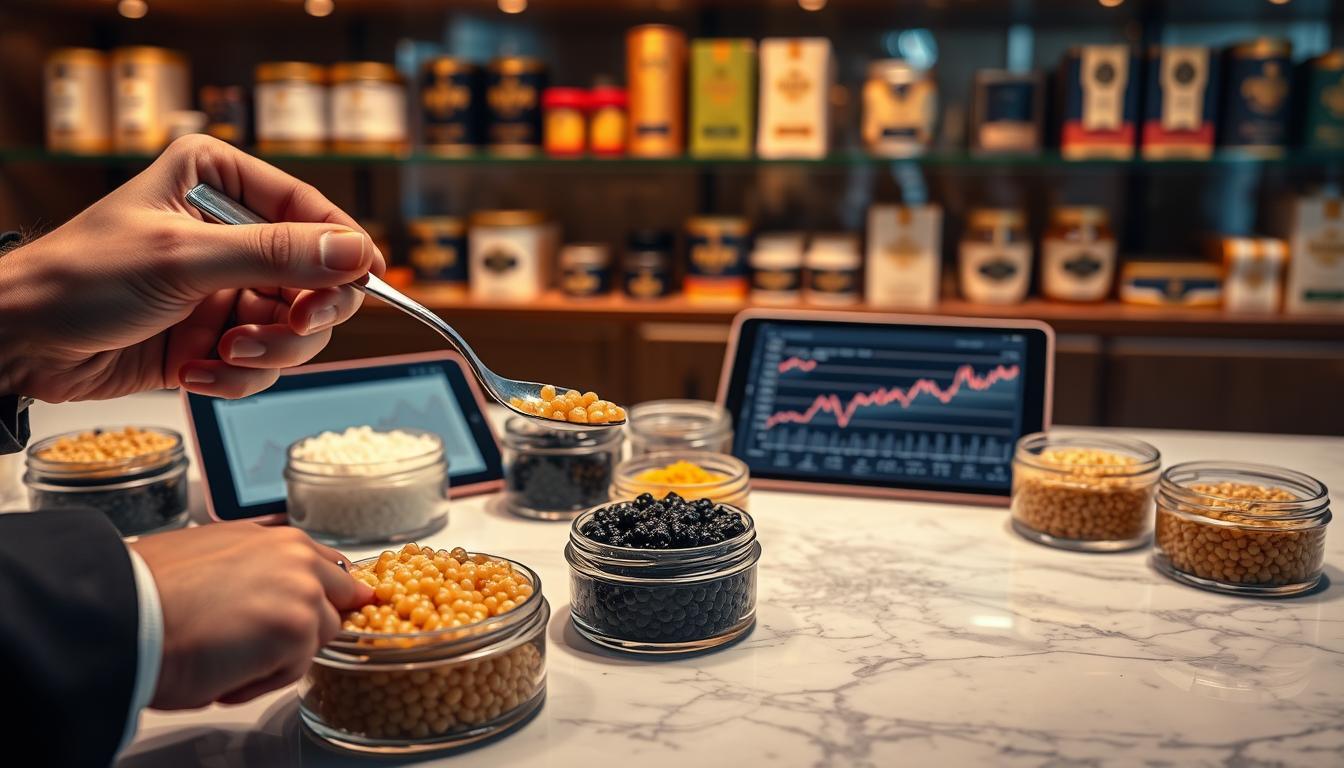 A luxurious display of premium caviar, featuring elegant jars of Beluga, Almas, and rare white varieties, arranged artfully on a sleek marble surface. In the foreground, a sophisticated hand delicately holds a sparkling spoon, poised to scoop the caviar. In the middle, a small digital tablet shows fluctuating market trends, with line graphs and price comparisons subtly visible. In the background, a soft-focus shelf filled with gourmet caviar products and stylish packaging creates depth. The scene is illuminated with warm, ambient lighting, casting a refined glow over the caviar and enhancing the allure of luxury. The overall mood is one of opulence and sophistication, perfect for a high-end culinary market analysis.