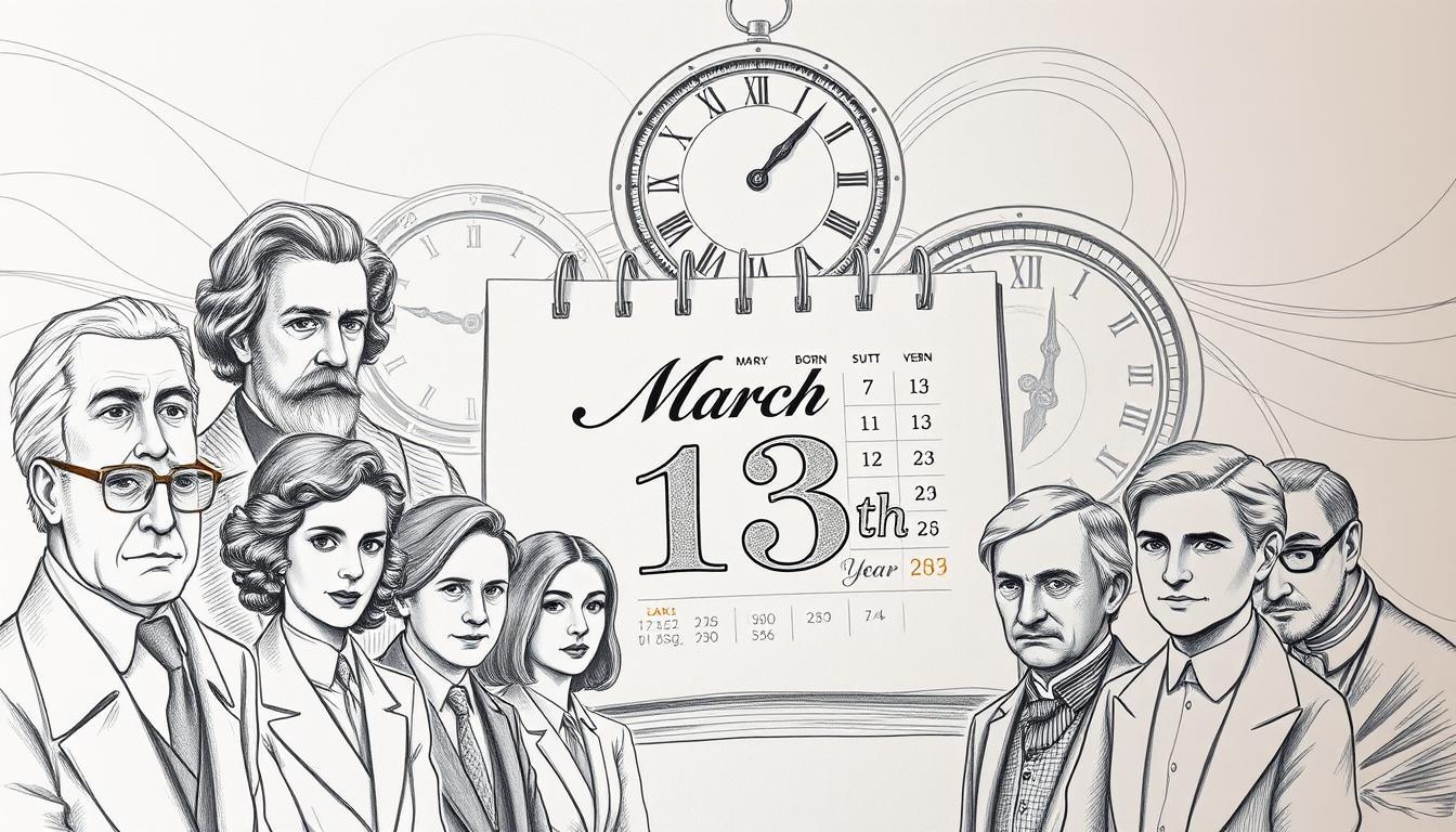 A meticulously designed black and white illustration with pencil shading, featuring significant historical figures born on March 13th. In the foreground, diverse portraits of these notable individuals, depicted in professional business attire or modest casual clothing, evoke a sense of respect and honor. The middle ground showcases a beautifully illustrated calendar page turned to March 13, adorned with subtle colored accents—perhaps hints of blue and gold—to capture the reader's attention. The background should display an abstract representation of time, such as clocks or flowing lines, symbolizing the passage of years. Use soft, diffused lighting to create a warm, reflective atmosphere. The overall mood is celebratory yet dignified, inviting curiosity about the illustrious lives and contributions of those born on this significant date.