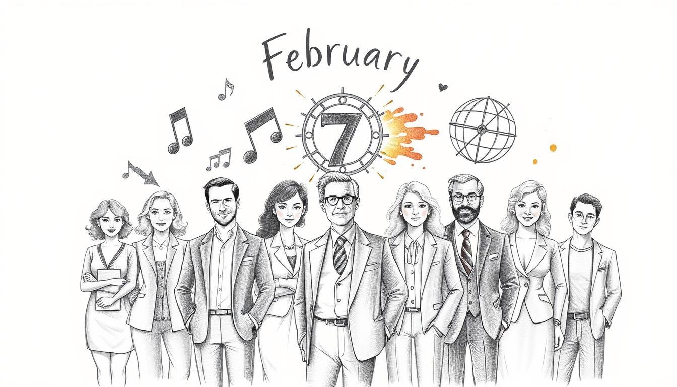 A monochromatic pencil-drawn illustration featuring notable personalities born on February 7th, arranged in a harmonious composition. In the foreground, portray stylized, professional figures in modest business attire, softly illuminated to create a warm, inviting atmosphere. In the middle ground, depict iconic elements associated with each personality, such as musical notes for composers, a film reel for actors, and a globe for influential leaders, each subtly accented with splashes of color for emphasis. The background should be softly shaded, suggesting a historical context, with abstract hints of a calendar or a timeline. The overall mood should invoke respect and admiration for these influential individuals, showcasing their impact on history, while maintaining a clean and sophisticated aesthetic. A monochromatic pencil-drawn illustration featuring notable personalities born on February 7th, arranged in a harmonious composition. In the foreground, portray stylized, professional figures in modest business attire, softly illuminated to create a warm, inviting atmosphere. In the middle ground, depict iconic elements associated with each personality, such as musical notes for composers, a film reel for actors, and a globe for influential leaders, each subtly accented with splashes of color for emphasis. The background should be softly shaded, suggesting a historical context, with abstract hints of a calendar or a timeline. The overall mood should invoke respect and admiration for these influential individuals, showcasing their impact on history, while maintaining a clean and sophisticated aesthetic.