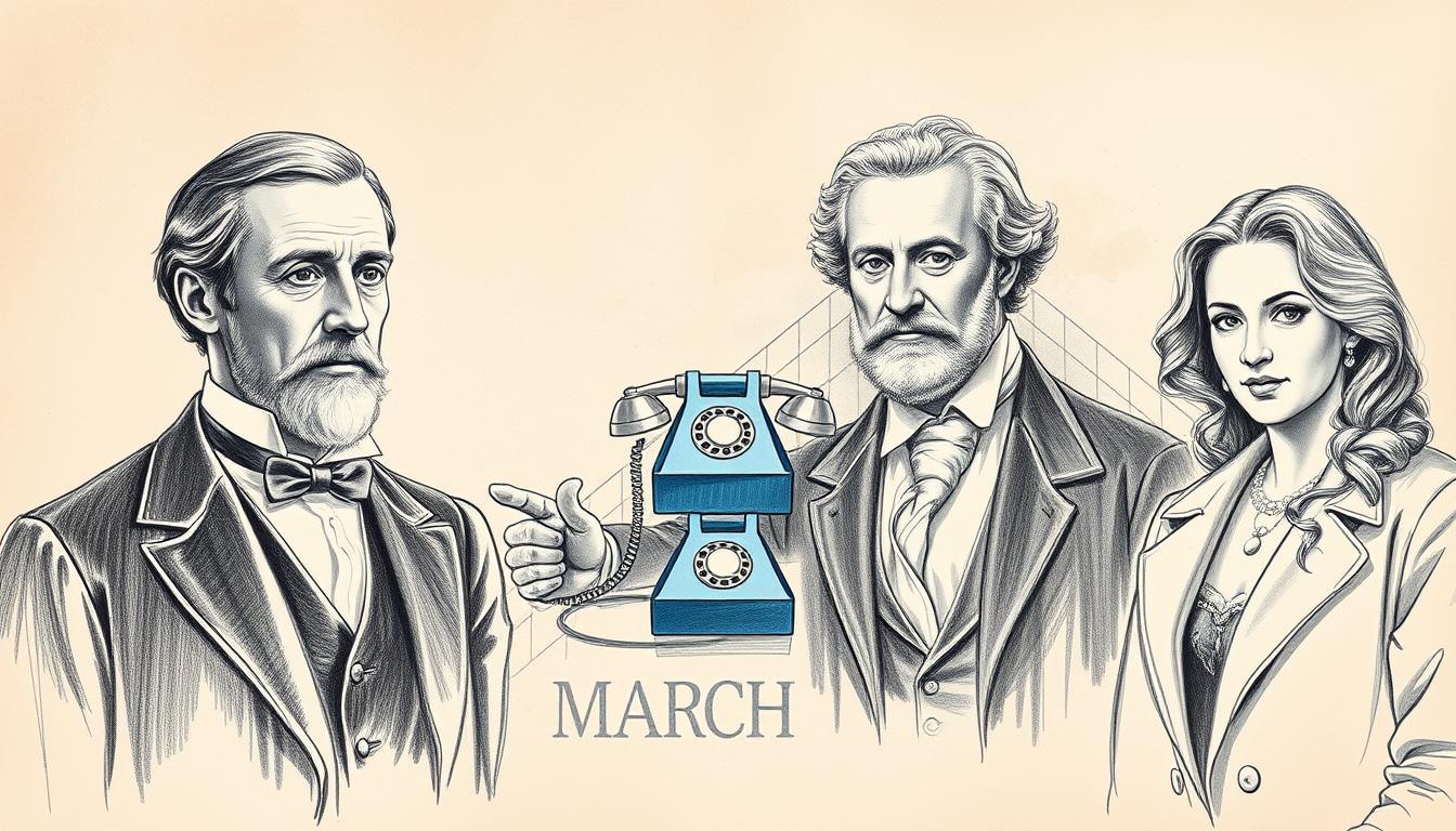A monochromatic pencil sketch depicting a collage of famous personalities born on March 4th, set against an elegant, vintage-inspired background. In the foreground, render distinguished figures like Alexander Graham Bell and Michelangelo Buonarroti, portrayed in polished, professional attire. In the middle, include artistic representations of their notable inventions and contributions subtly integrated into the design, highlighted by selective pops of color, such as the blue of a telephone or the warm tones of Renaissance art. The background should be an abstract blend of soft curves and geometric shapes, evoking a sense of historical significance and creativity. Use soft, diffused lighting to create a warm atmosphere, enhancing the overall mood of inspiration and celebration.