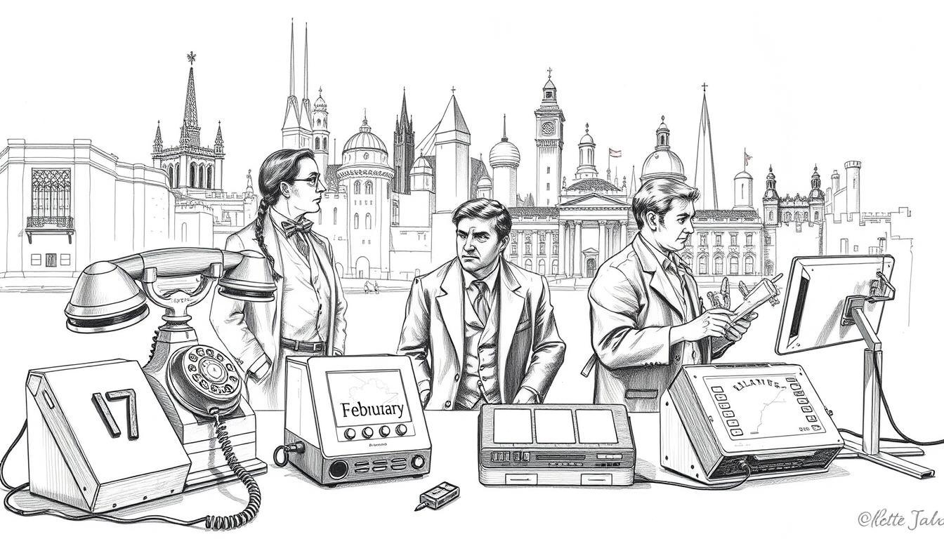 A monochromatic pencil sketch depicting significant cultural and technological milestones occurring on February 7th throughout history. In the foreground, illustrate iconic inventions such as the telephone and early computing devices, detailed with sharp lines and shading. In the middle ground, include notable figures in professional attire, engaged in discussions or working with these inventions, capturing expressions of innovation and determination. The background should feature a skyline merging historical architecture with futuristic elements, symbolizing progress and evolution. Use selective color accents to highlight the inventions, creating a vibrant contrast against the primarily black and white composition. The lighting should invoke a sense of inspiration, with soft shadows enhancing the depth, conveying a mood of reflection and advancement. A monochromatic pencil sketch depicting significant cultural and technological milestones occurring on February 7th throughout history. In the foreground, illustrate iconic inventions such as the telephone and early computing devices, detailed with sharp lines and shading. In the middle ground, include notable figures in professional attire, engaged in discussions or working with these inventions, capturing expressions of innovation and determination. The background should feature a skyline merging historical architecture with futuristic elements, symbolizing progress and evolution. Use selective color accents to highlight the inventions, creating a vibrant contrast against the primarily black and white composition. The lighting should invoke a sense of inspiration, with soft shadows enhancing the depth, conveying a mood of reflection and advancement.