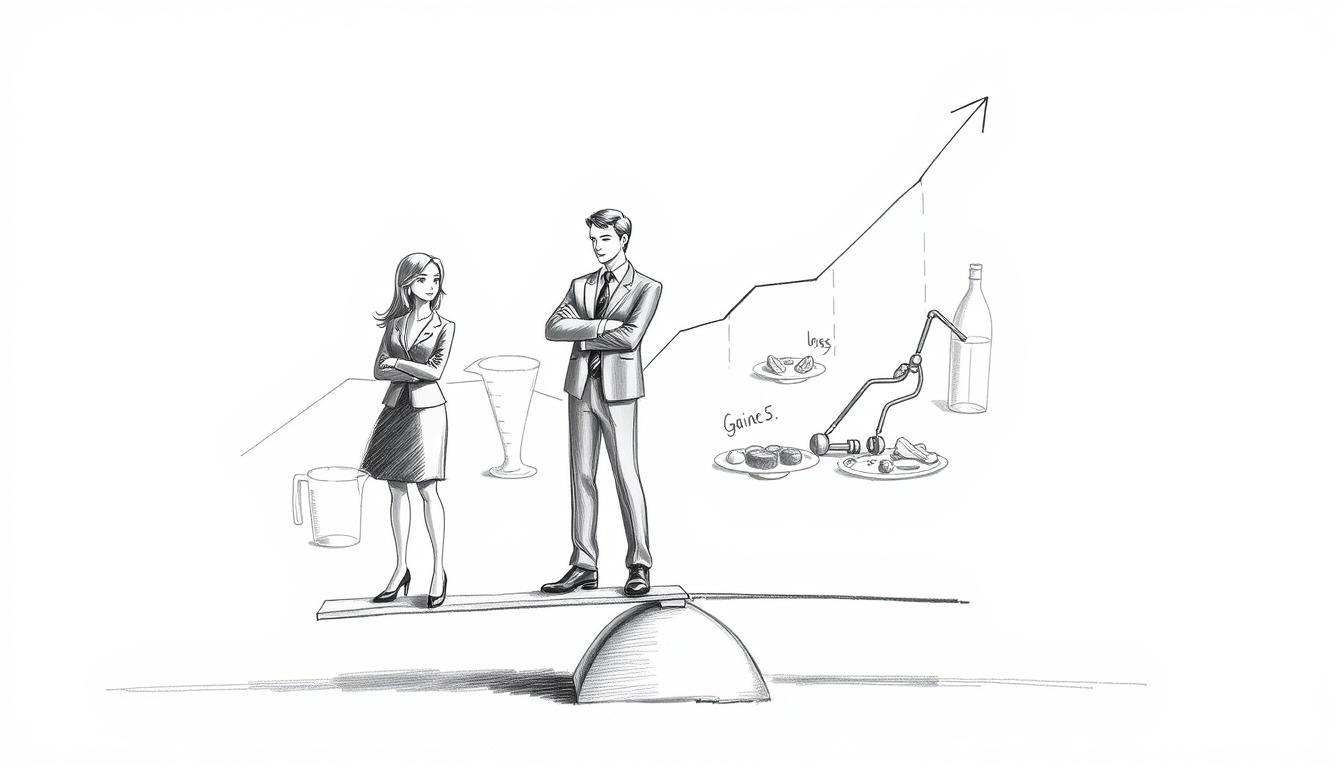 A monochromatic pencil sketch depicting the concept of calorie needs related to weight management, featuring three stylized figures representing different goals: losing weight, maintaining weight, and gaining weight. The foreground should show a balanced scale, symbolizing the balance of calories, with the figures dressed in professional business attire or modest casual clothing, each engaged in thoughtful contemplation. In the middle ground, incorporate elements like measuring cups, plates with healthy food options, and exercise equipment to emphasize choices in diet and activity. The background should feature an abstract representation of a graph or chart, indicating calories burned versus consumed. Soft shadows and bright colored accents, such as green for healthy foods and blue for water, provide a dynamic touch, creating a motivating atmosphere. The overall mood should be focused and encouraging, inspiring a balanced approach to calorie management.