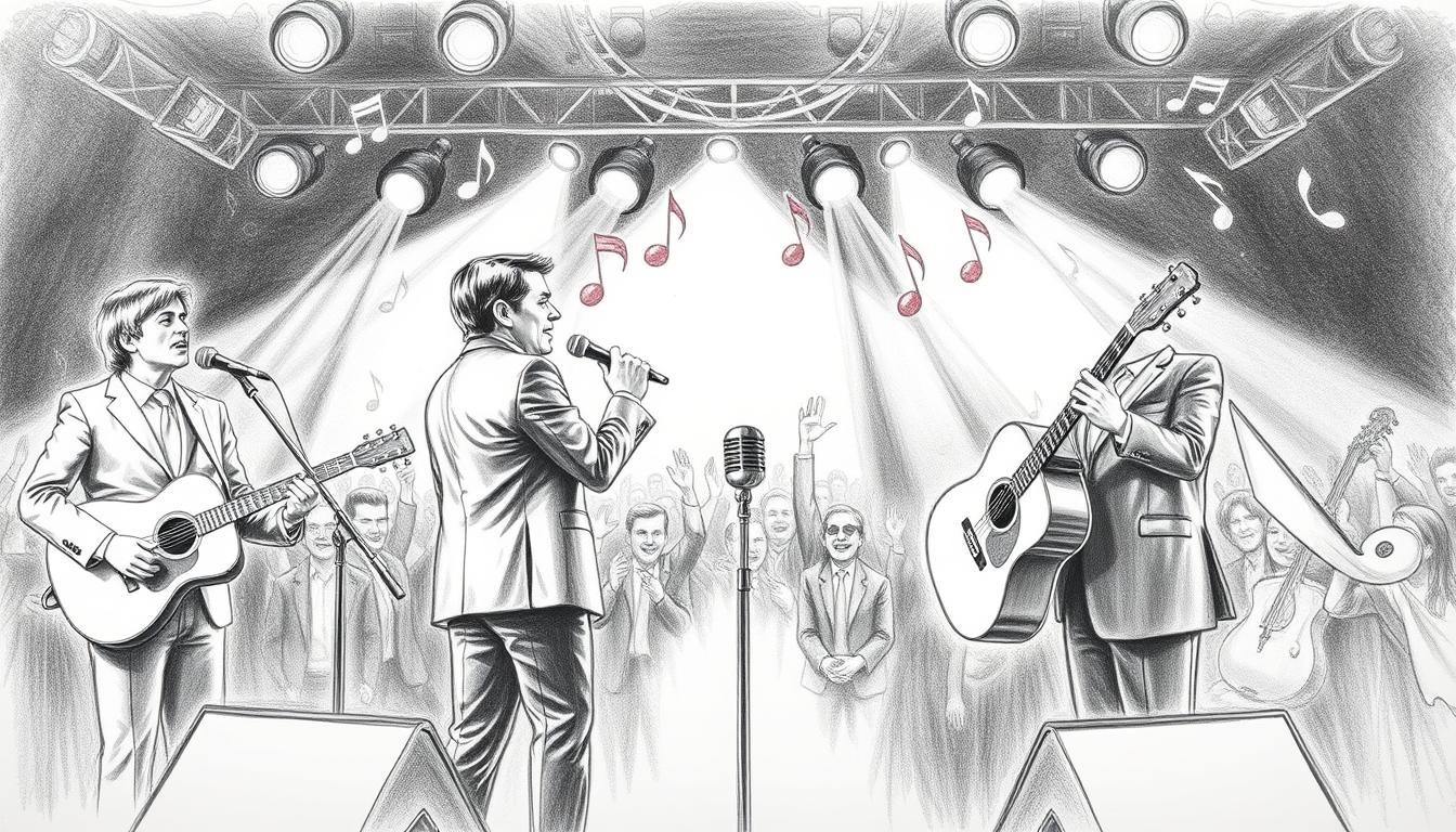 A monochromatic pencil sketch featuring iconic music legends and schlager stars born on February 15th, intricately illustrated. In the foreground, draw musicians playing instruments, dressed in professional business attire, exuding charisma and energy. The middle ground should portray a lively concert scene, with a vintage microphone and musical notes floating in the air, creating an atmosphere of celebration. In the background, softly detailed silhouettes of a cheering crowd, emphasizing a sense of excitement and nostalgia. Include subtle color accents on musical elements, like vibrant notes and instruments. The lighting should evoke a warm, inviting glow reminiscent of stage lights, while maintaining a harmonious black and white theme. Capture the spirit of music and legacy in a captivating, artistic portrayal.